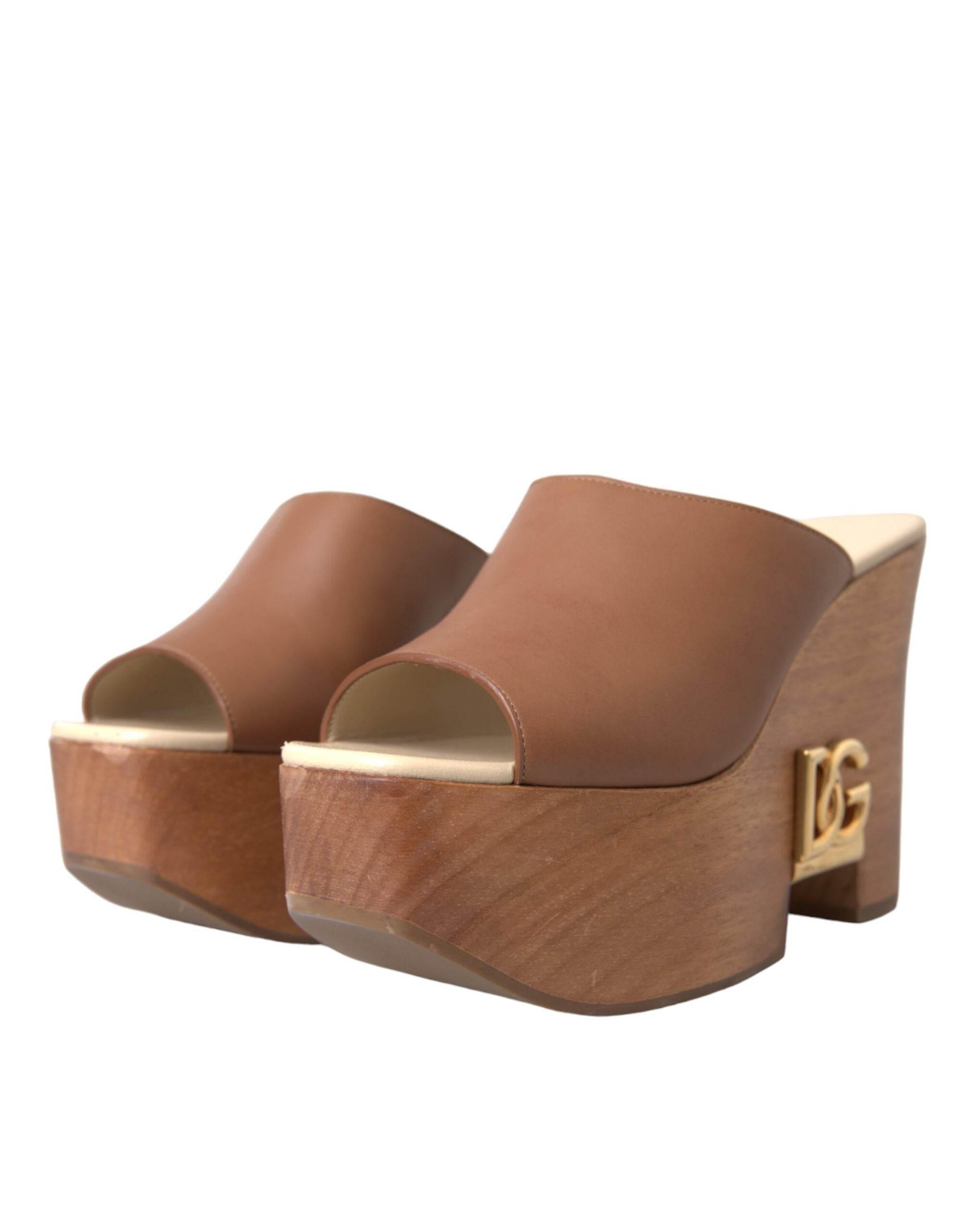 Dolce & Gabbana Brown Leather Wood Mules Wedge Slides Shoes - Hilstor