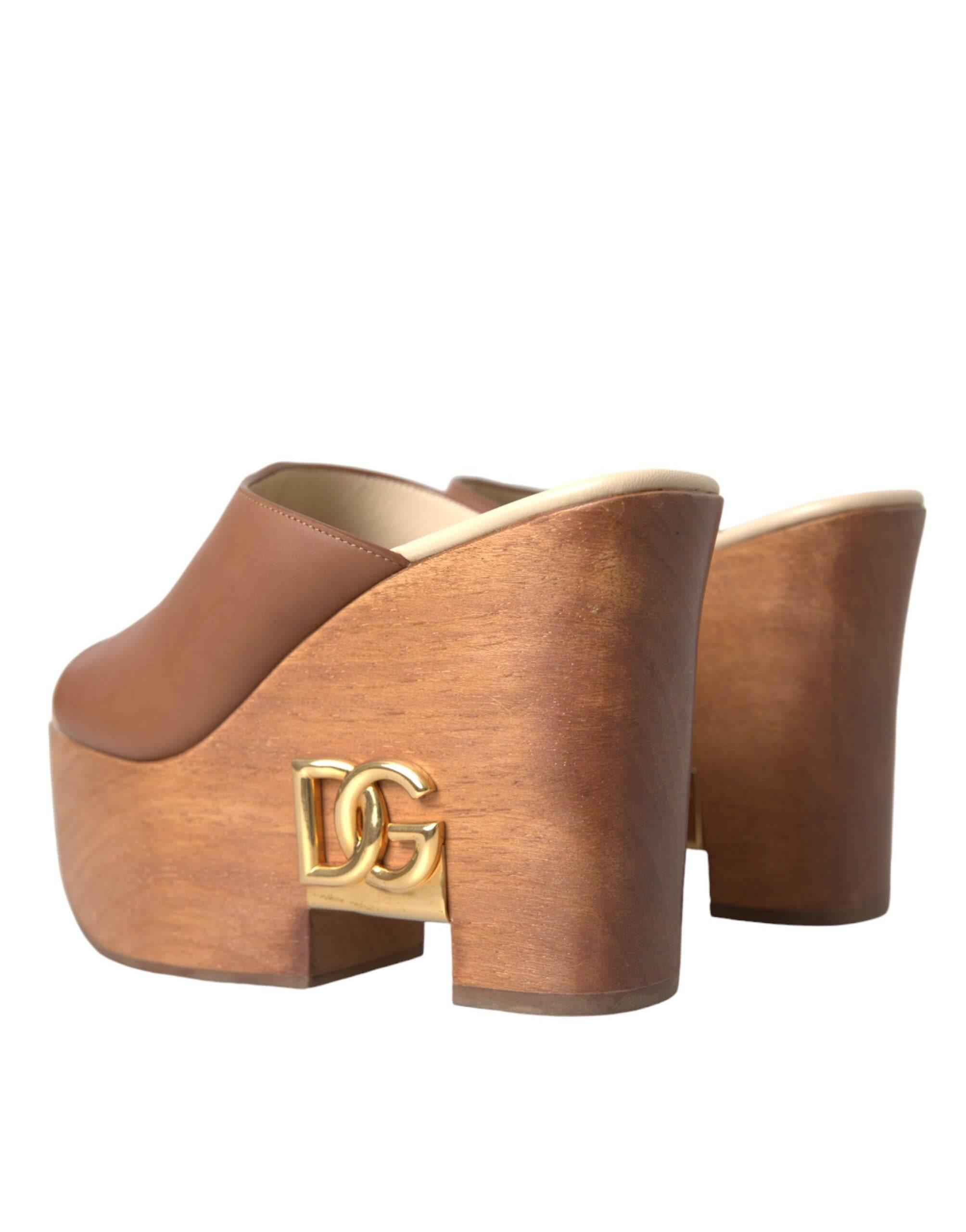 Dolce & Gabbana Brown Leather Wood Mules Wedge Slides Shoes - Hilstor