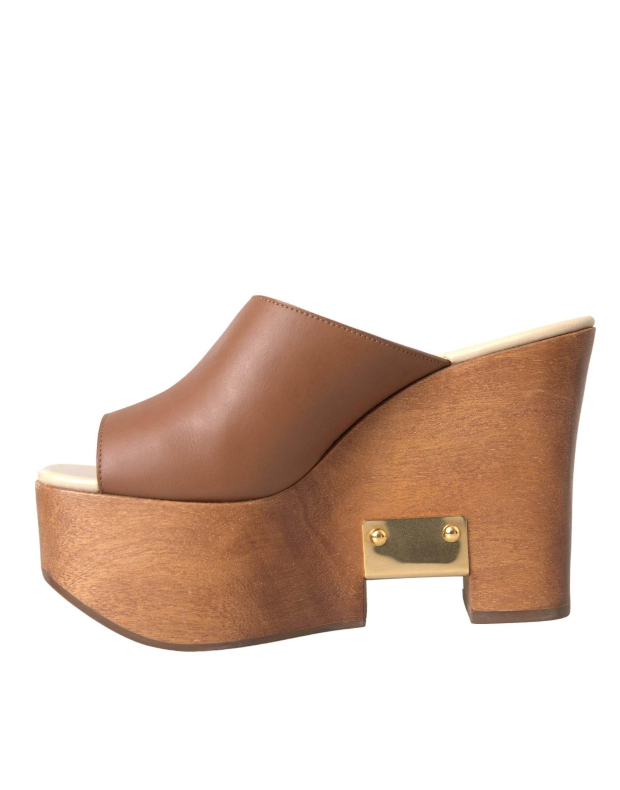 Dolce & Gabbana Brown Leather Wood Mules Wedge Slides Shoes - Hilstor