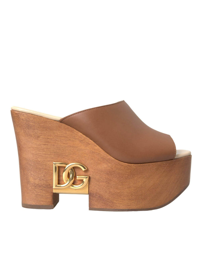 Dolce & Gabbana Brown Leather Wood Mules Wedge Slides Shoes - Hilstor