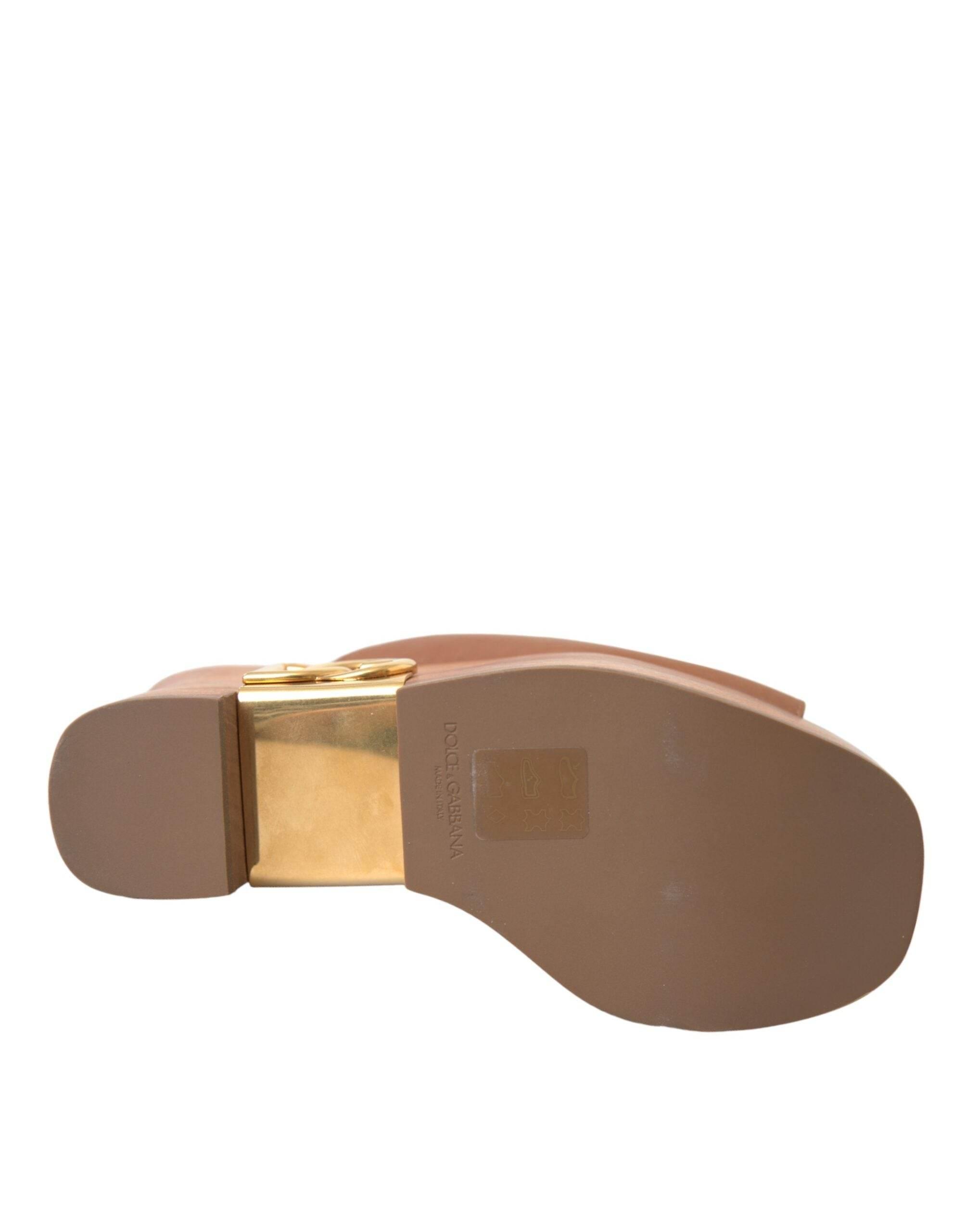 Dolce & Gabbana Brown Leather Wood Mules Wedge Slides Shoes - Hilstor