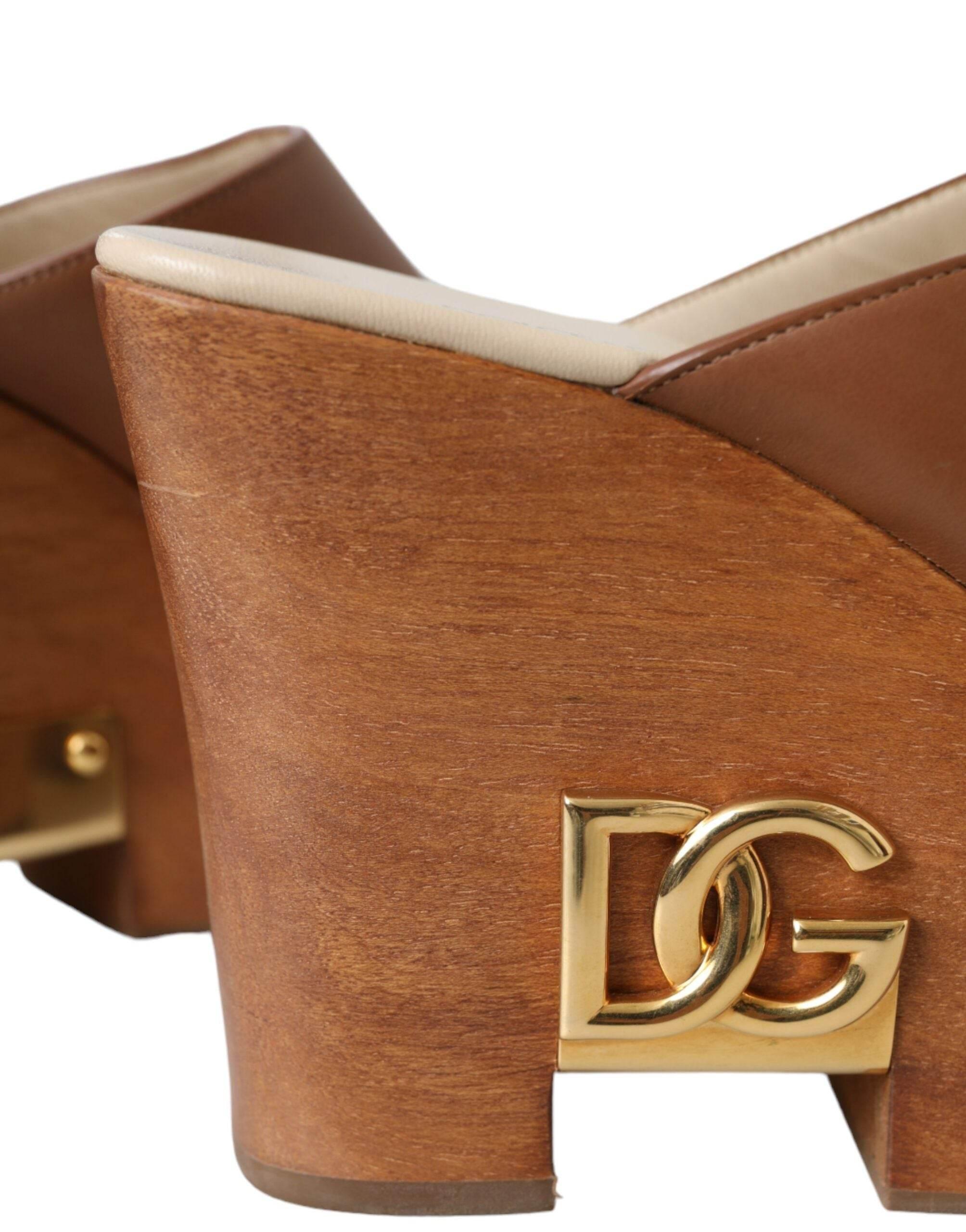 Dolce & Gabbana Brown Leather Wood Mules Wedge Slides Shoes - Hilstor