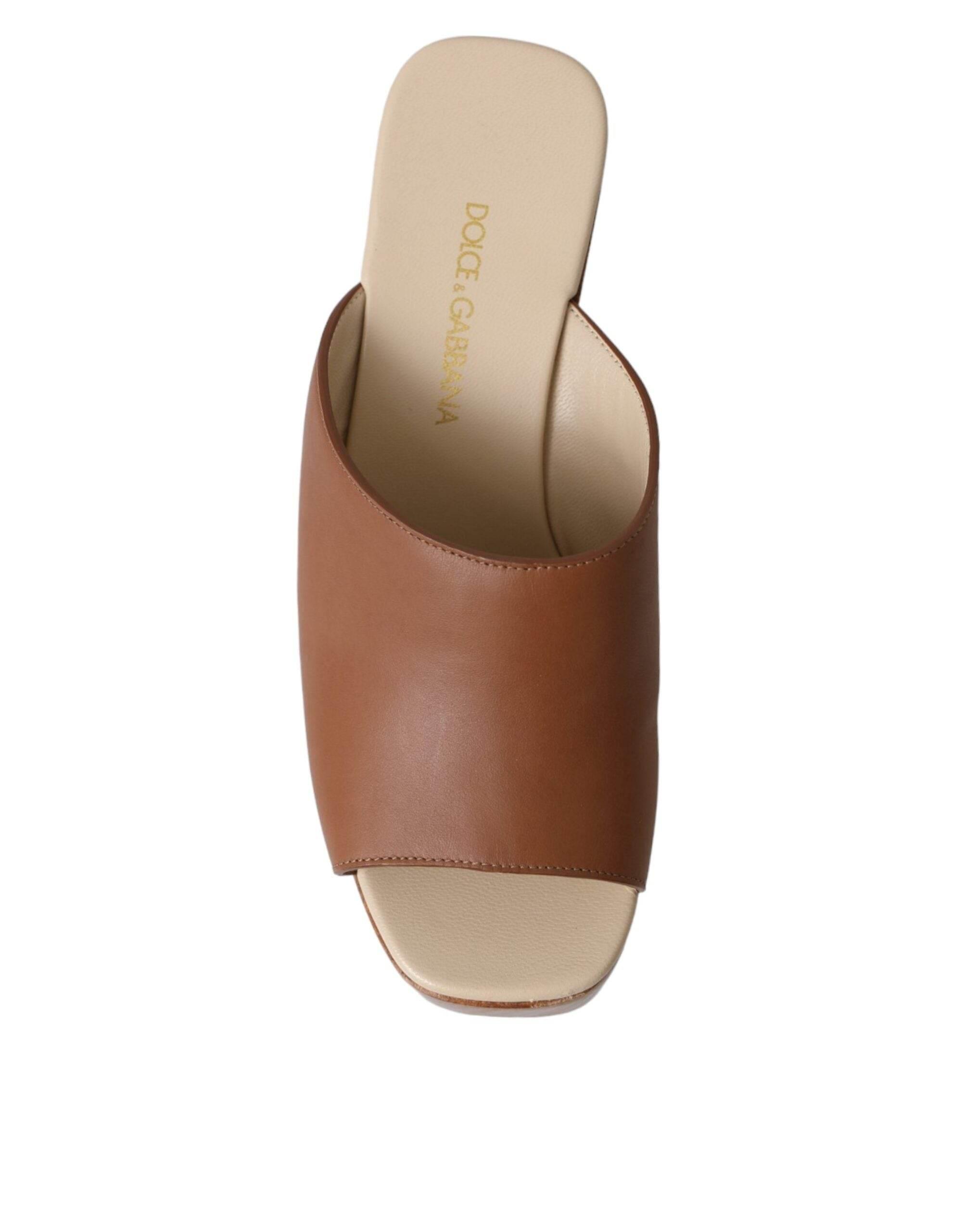 Dolce & Gabbana Brown Leather Wood Mules Wedge Slides Shoes - Hilstor