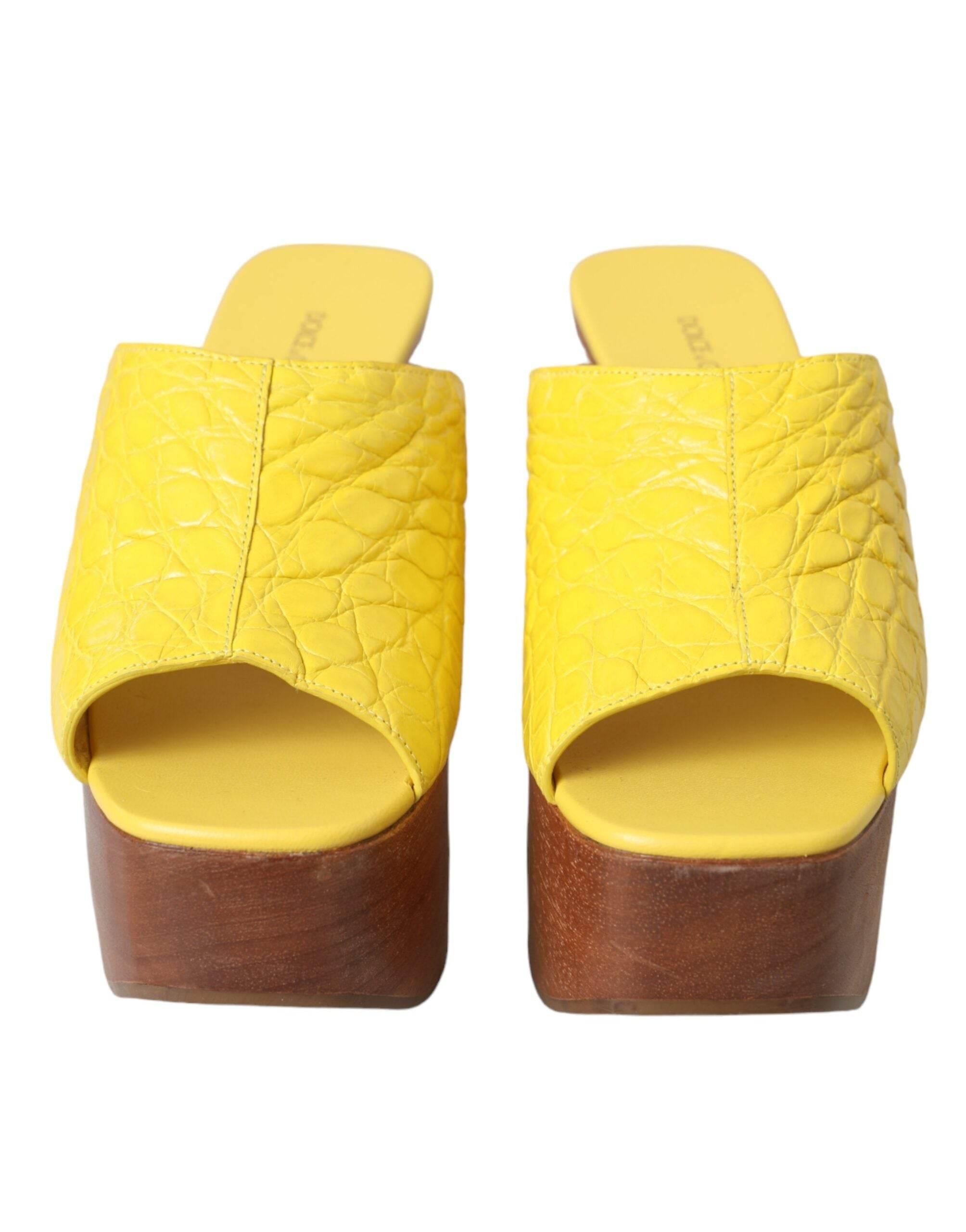 Dolce & Gabbana Yellow Leather Wood Mule Wedge Slides Shoes - Hilstor