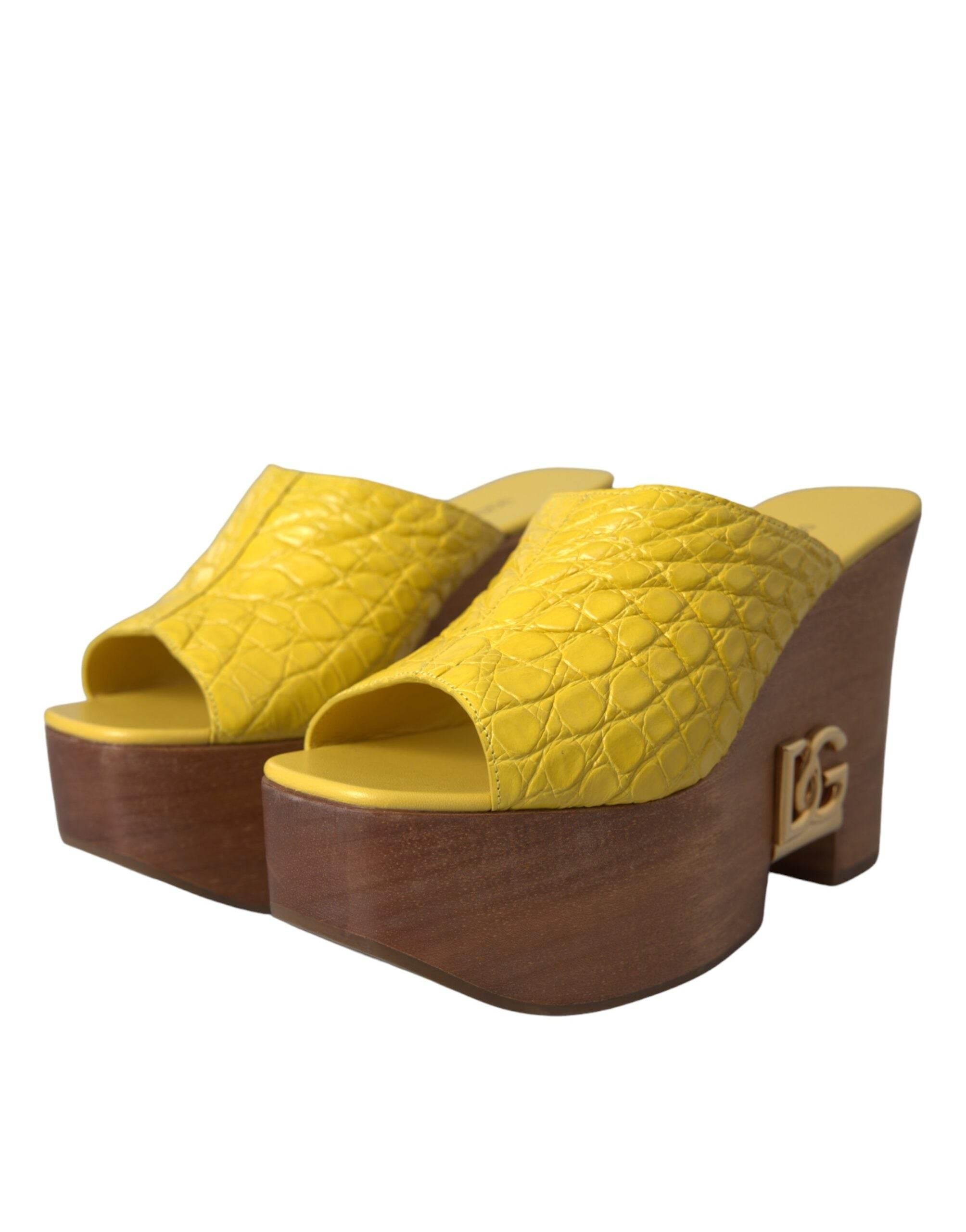 Dolce & Gabbana Yellow Leather Wood Mule Wedge Slides Shoes - Hilstor
