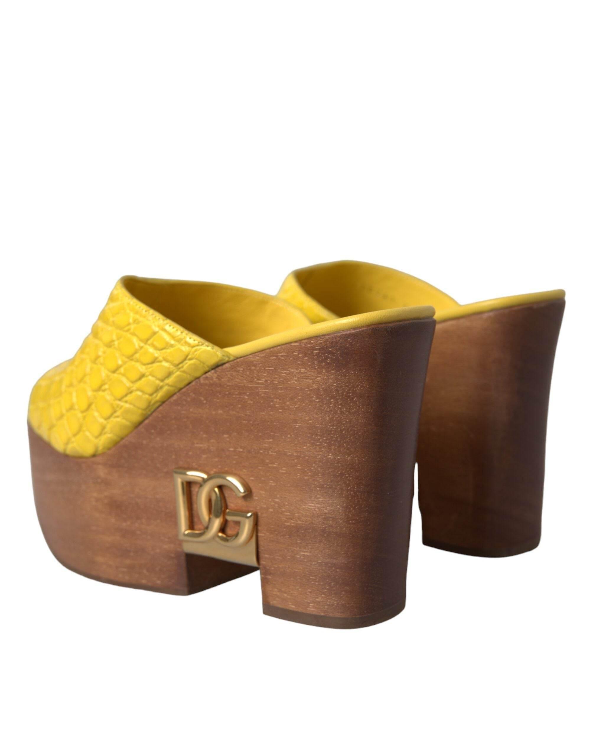Dolce & Gabbana Yellow Leather Wood Mule Wedge Slides Shoes - Hilstor