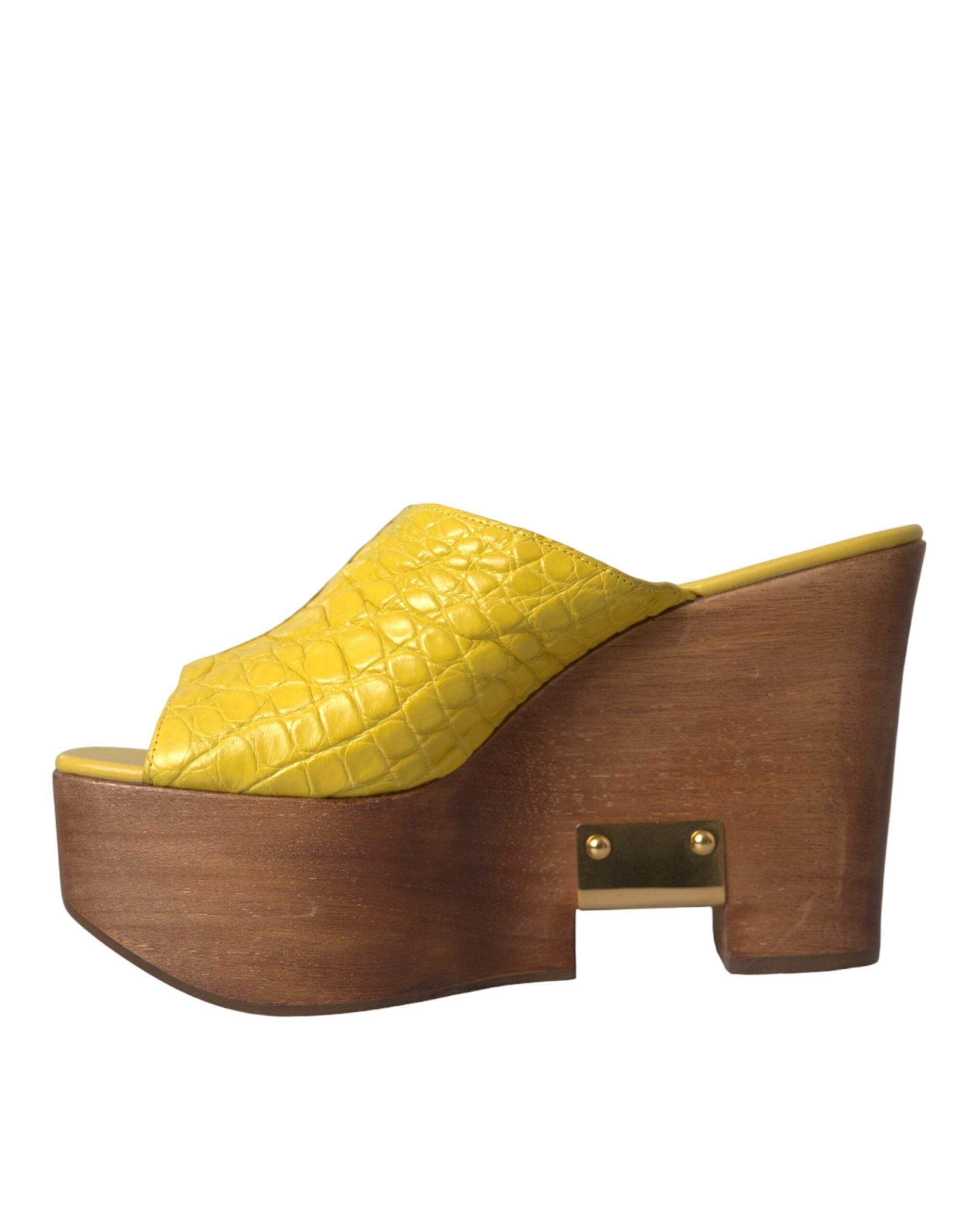 Dolce & Gabbana Yellow Leather Wood Mule Wedge Slides Shoes - Hilstor