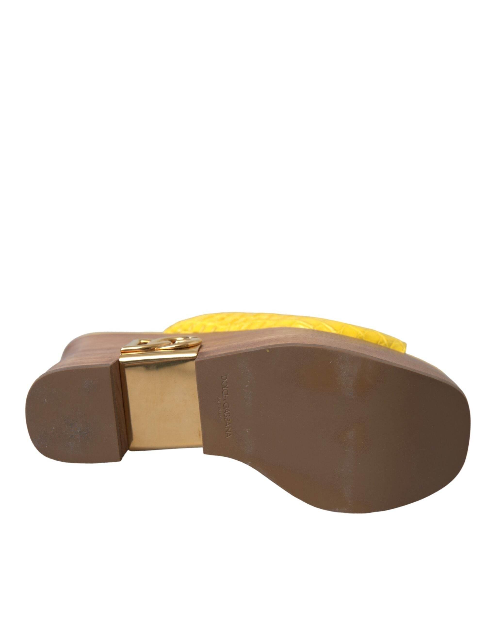 Dolce & Gabbana Yellow Leather Wood Mule Wedge Slides Shoes - Hilstor