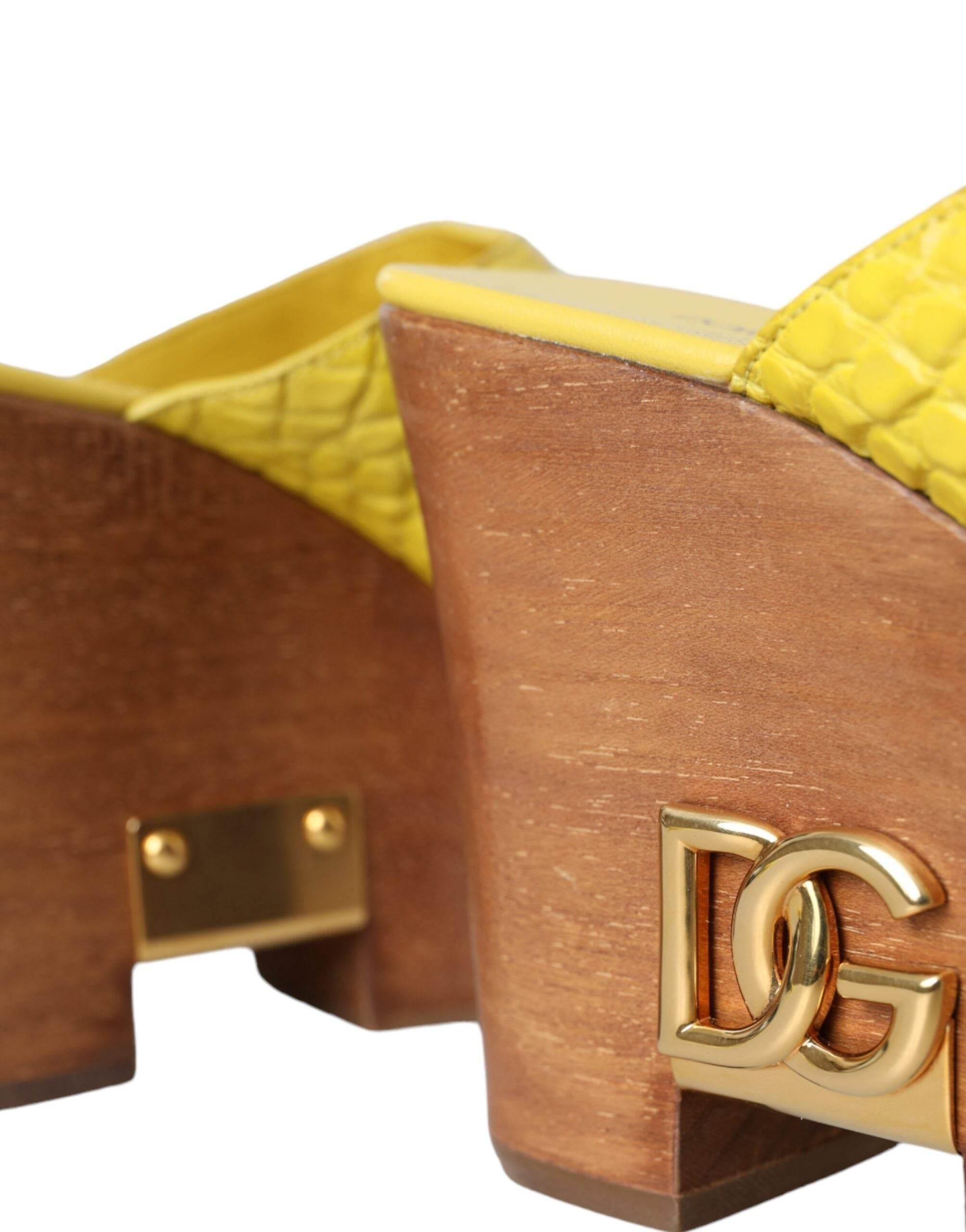 Dolce & Gabbana Yellow Leather Wood Mule Wedge Slides Shoes - Hilstor