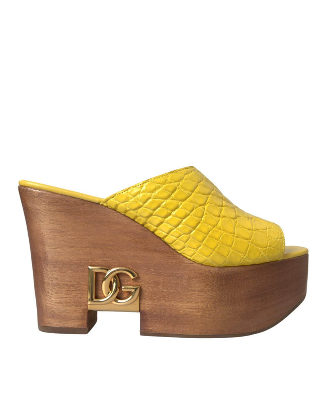 Dolce & Gabbana Yellow Leather Wood Mule Wedge Slides Shoes - Hilstor
