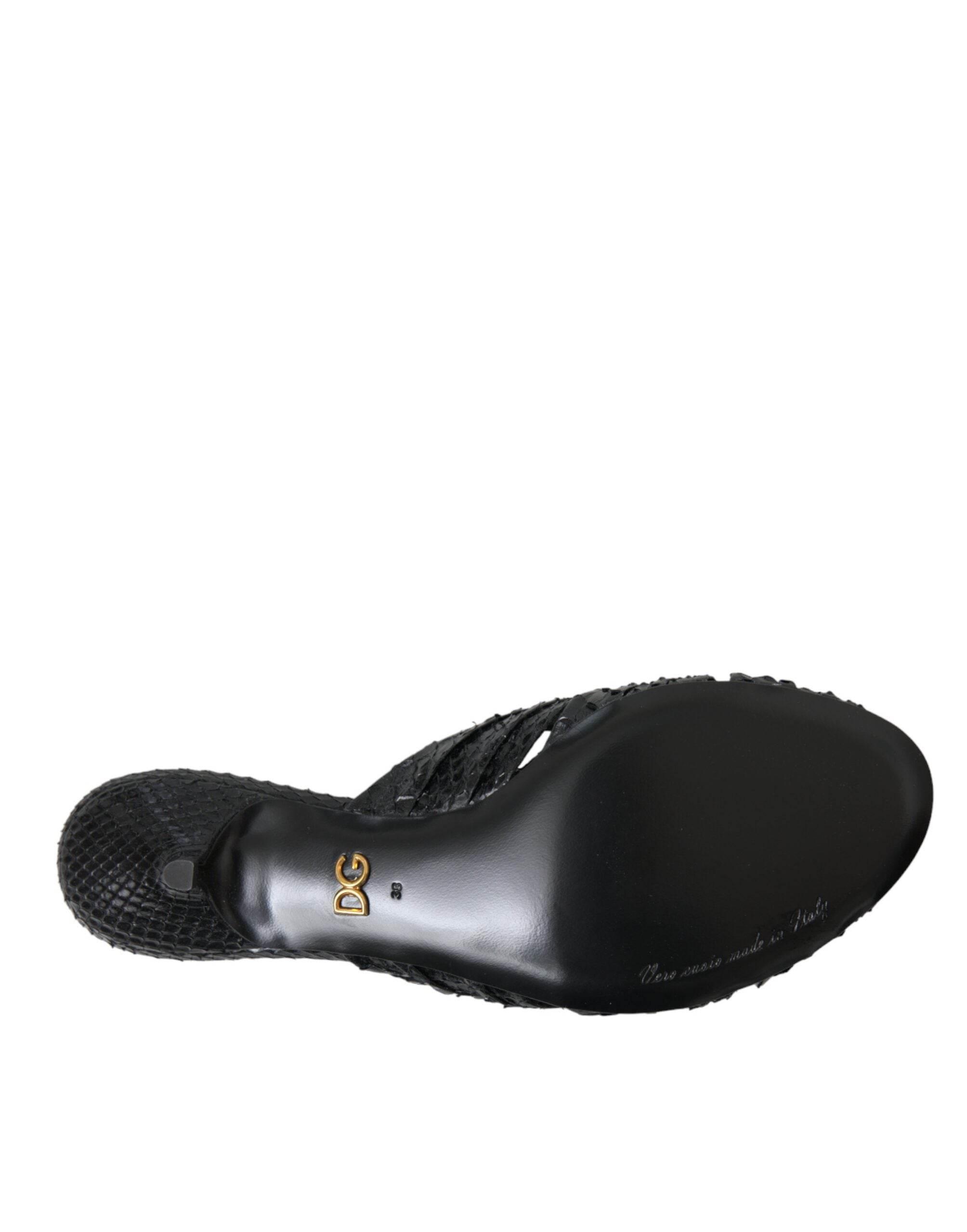 Dolce & Gabbana Black Exotic Leather Heels Slides Shoes - Hilstor