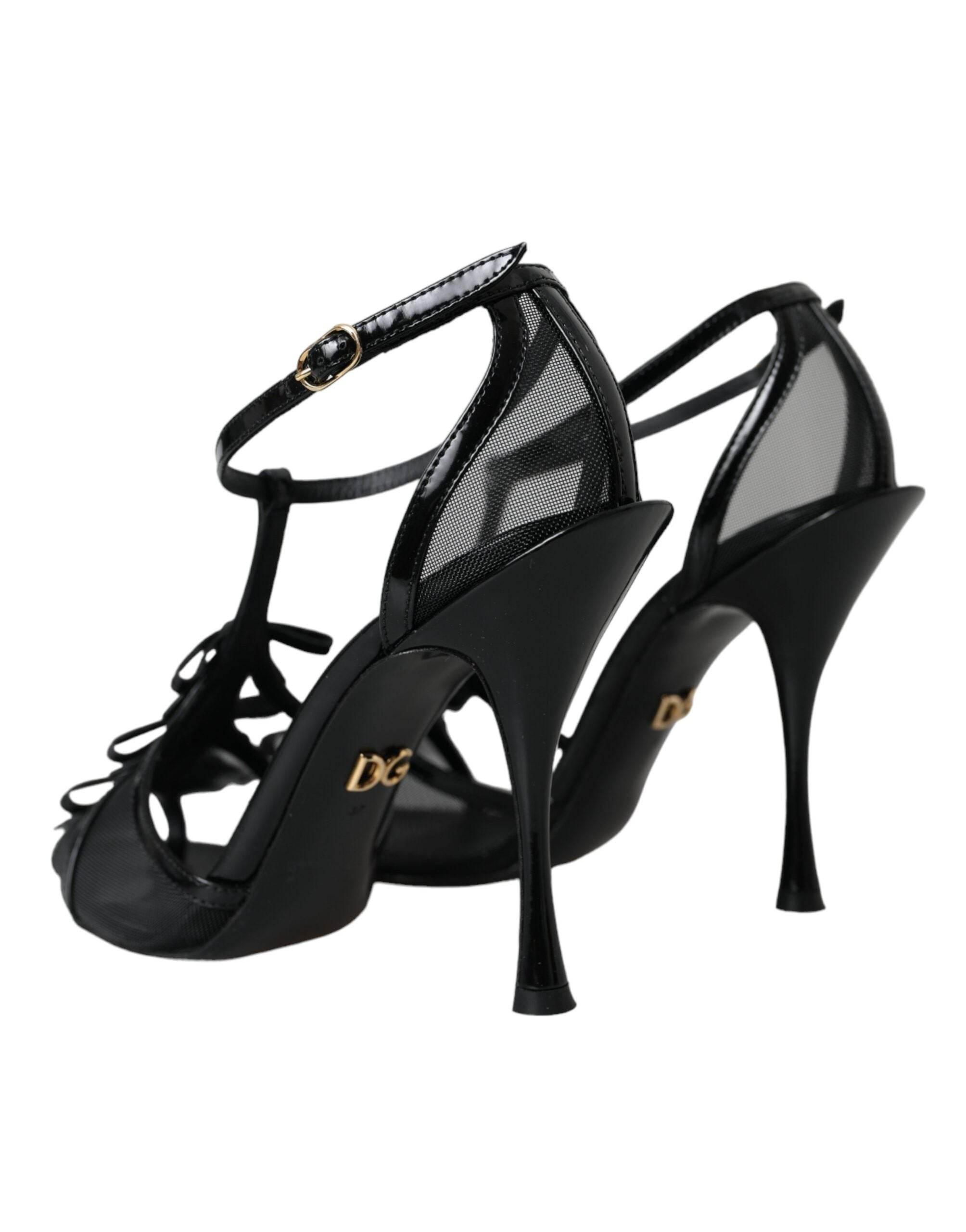 Dolce & Gabbana Black Mesh T-strap Heels Sandals Shoes - Hilstor