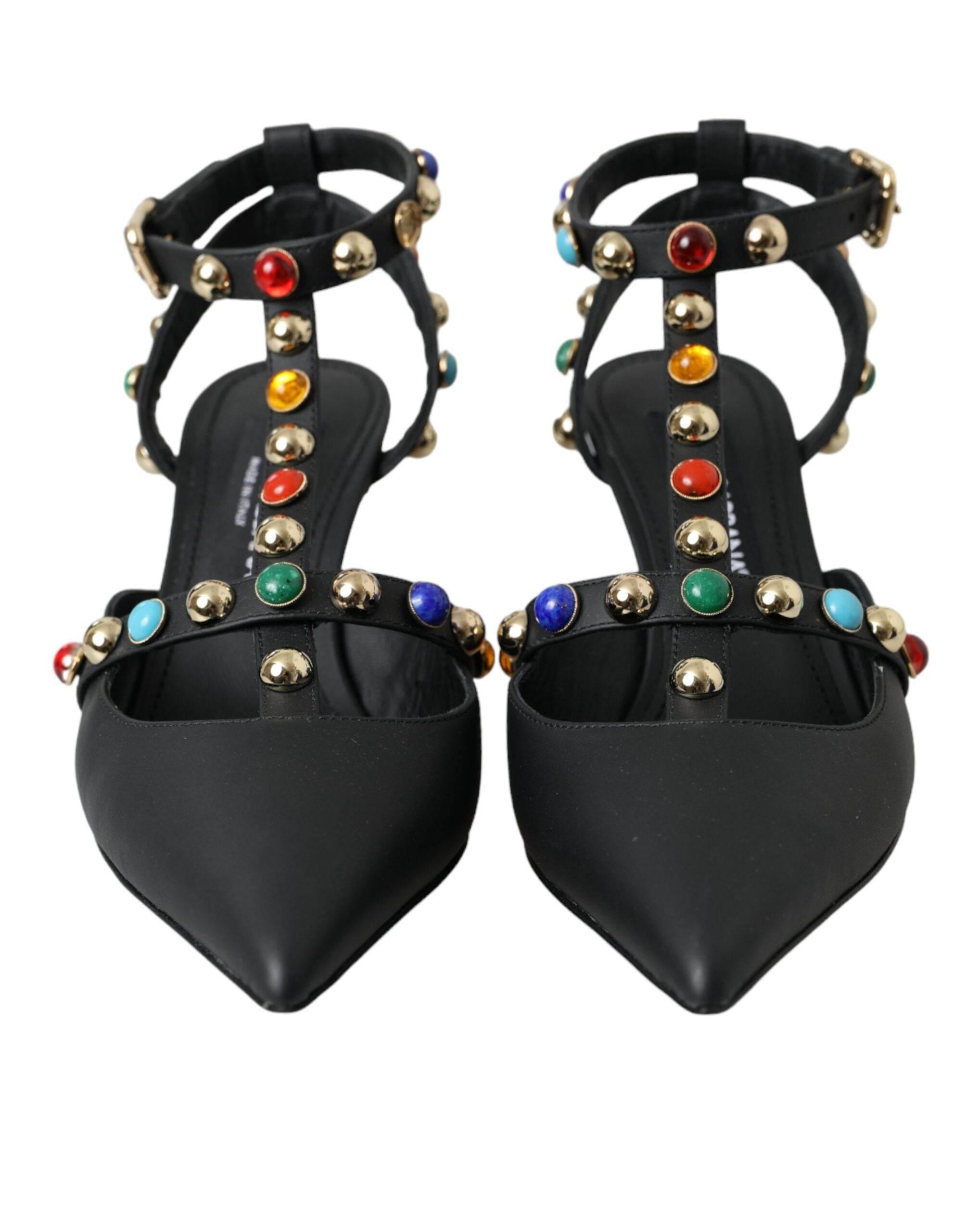 Dolce & Gabbana Black Leather Embellished Heels Sandal Shoes - Hilstor