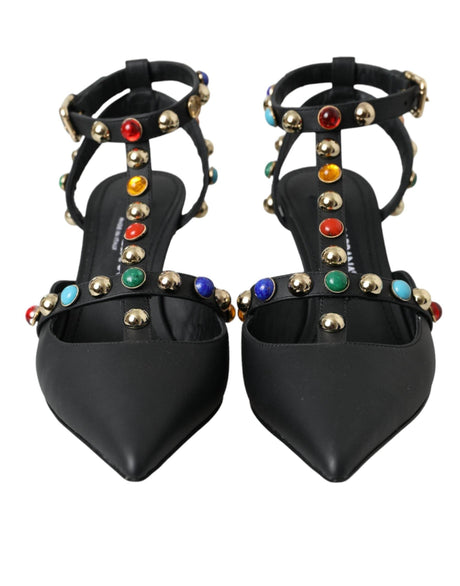 Dolce & Gabbana Black Leather Embellished Heels Sandal Shoes - Hilstor