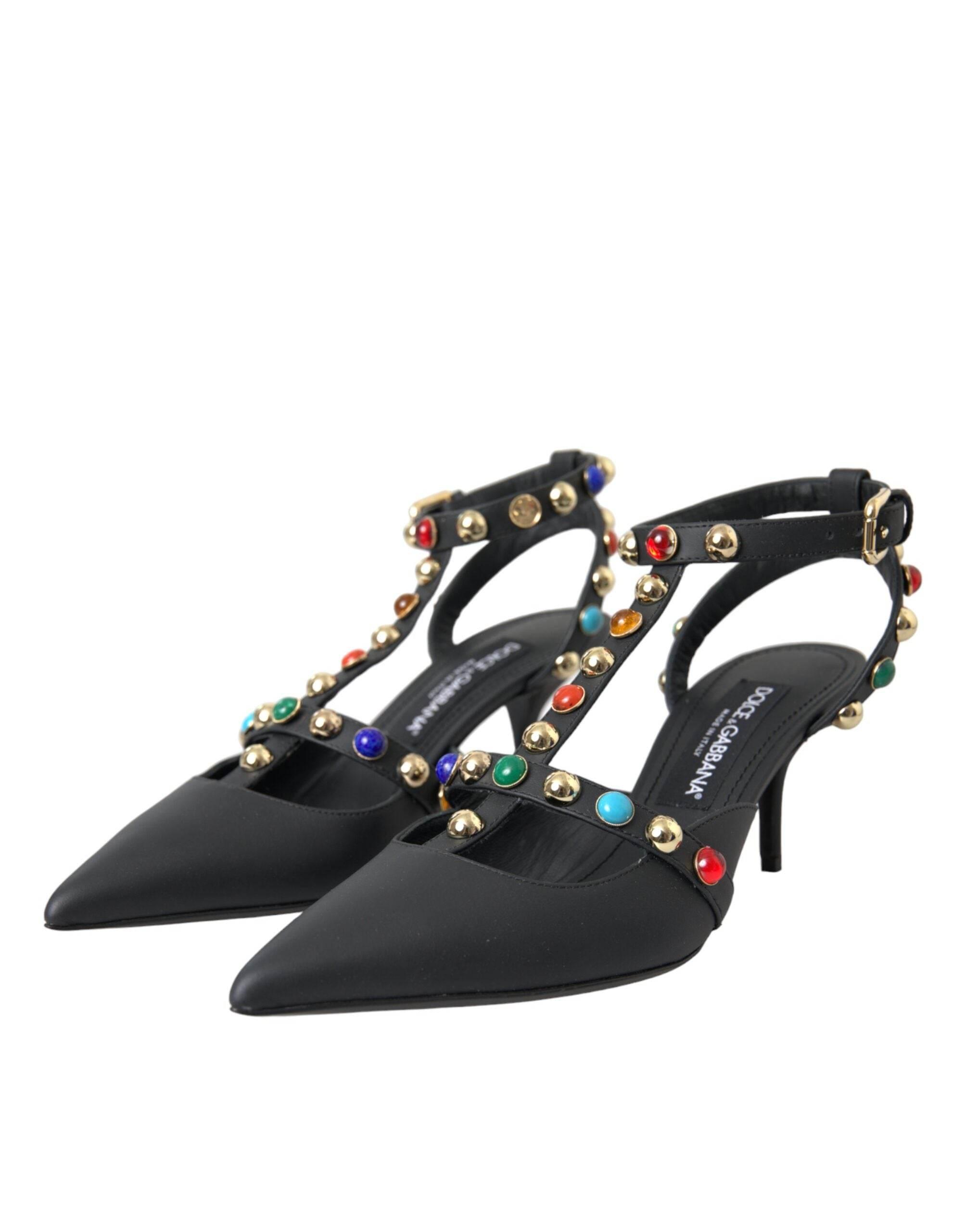Dolce & Gabbana Black Leather Embellished Heels Sandal Shoes - Hilstor