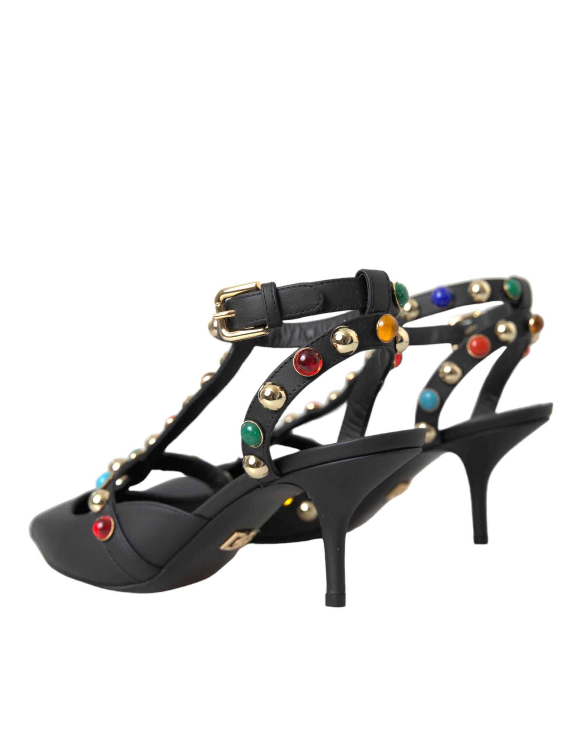 Dolce & Gabbana Black Leather Embellished Heels Sandal Shoes - Hilstor