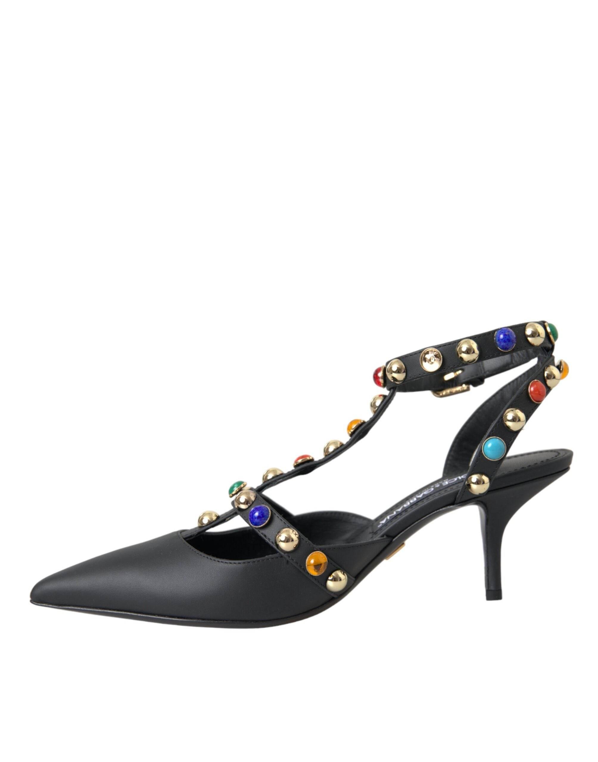 Dolce & Gabbana Black Leather Embellished Heels Sandal Shoes - Hilstor