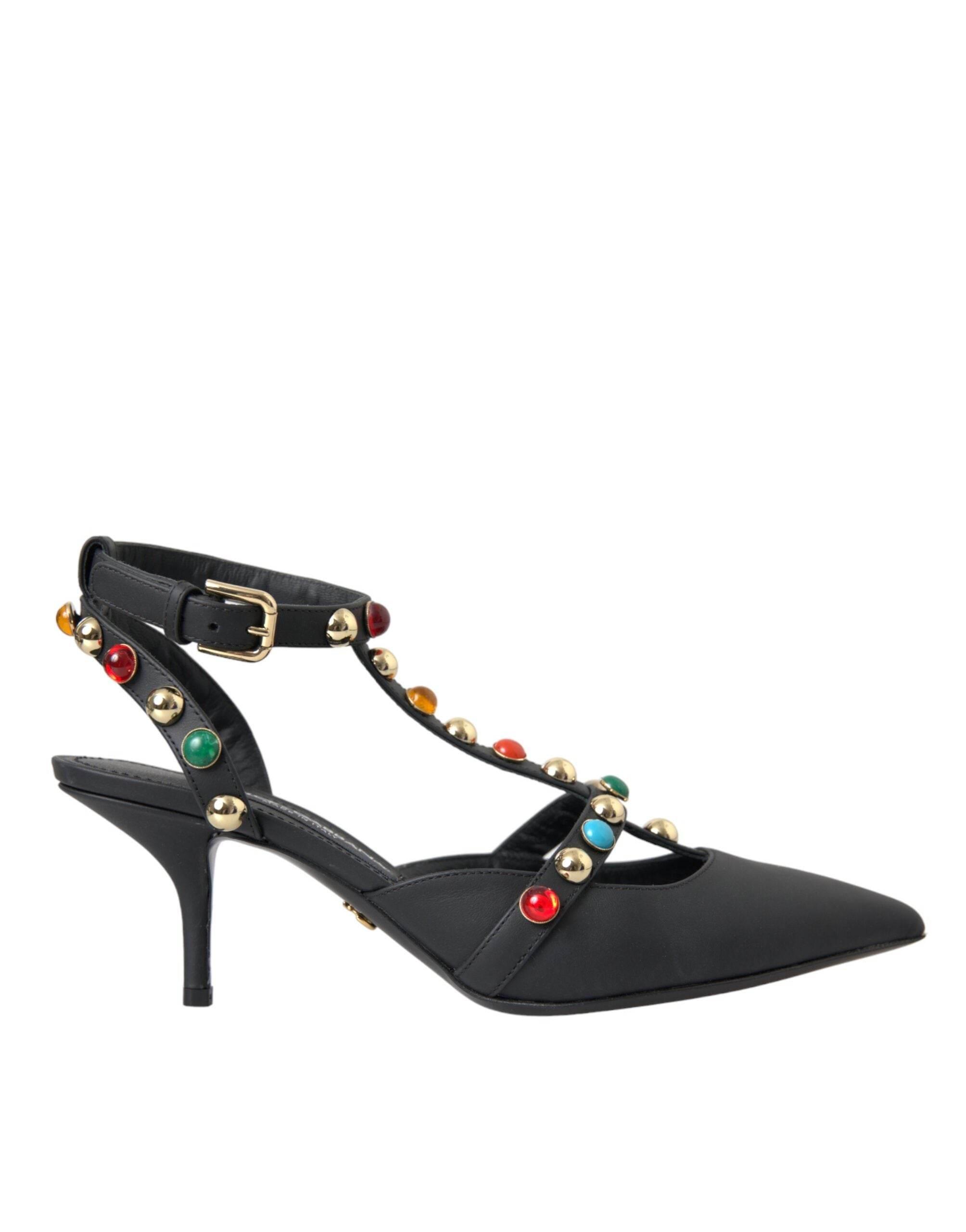 Dolce & Gabbana Black Leather Embellished Heels Sandal Shoes - Hilstor