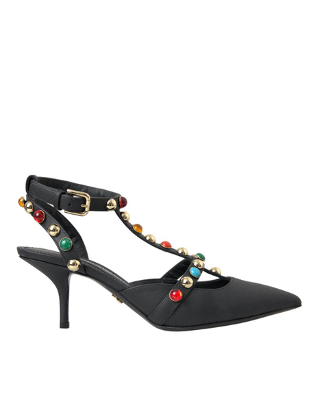 Dolce & Gabbana Black Leather Embellished Heels Sandal Shoes - Hilstor