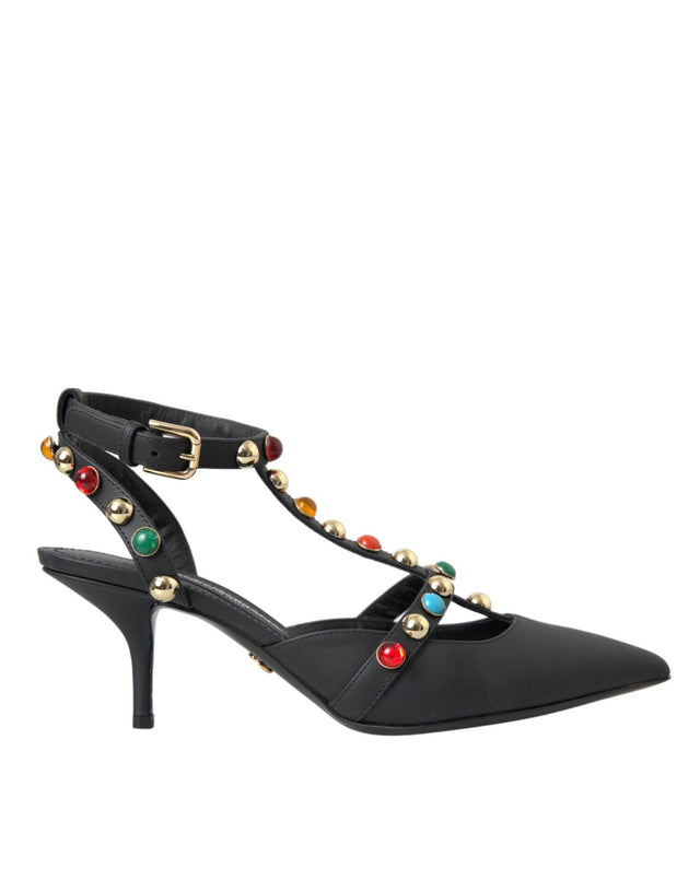 Dolce & Gabbana Black Leather Embellished Heels Sandal Shoes - Hilstor