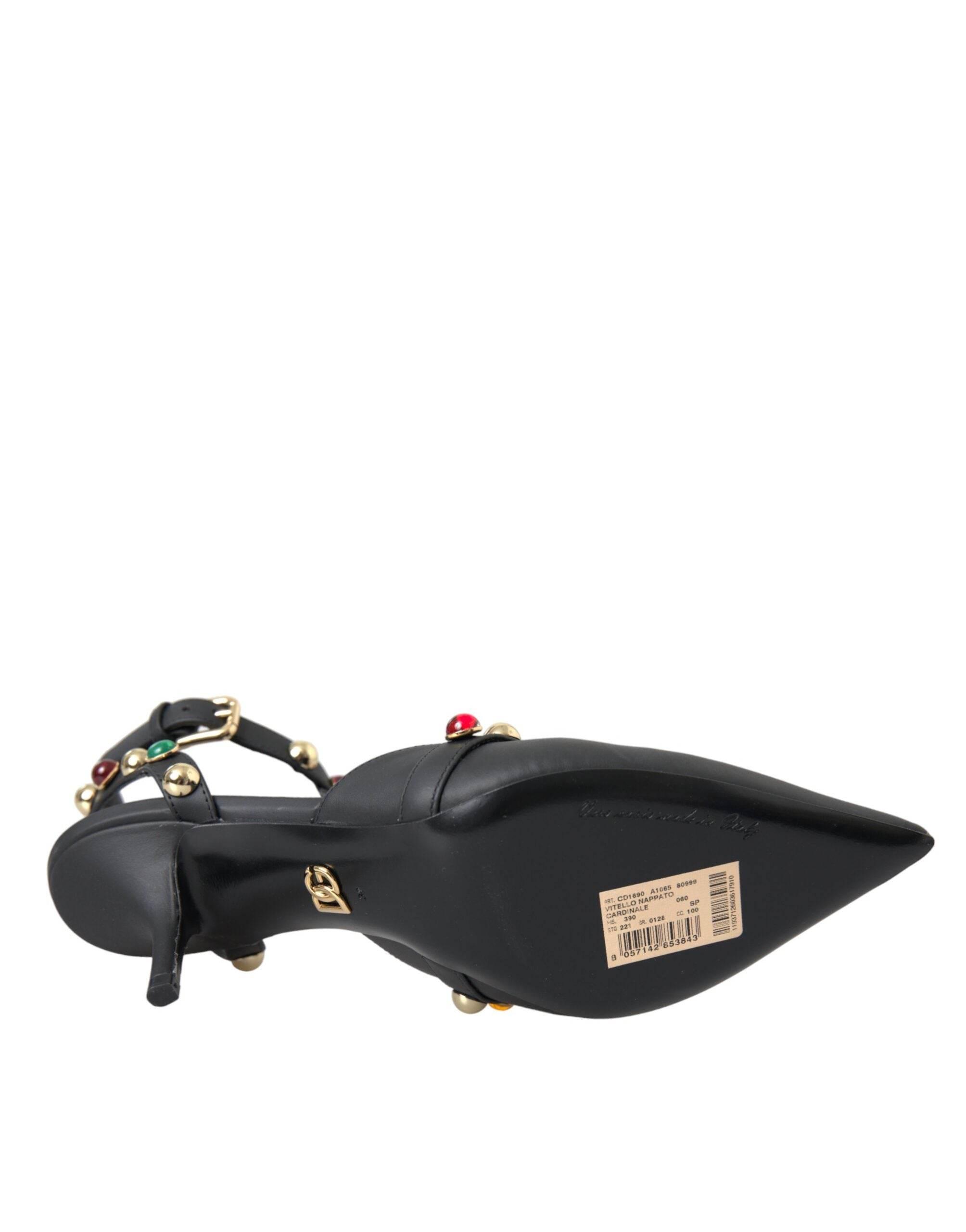 Dolce & Gabbana Black Leather Embellished Heels Sandal Shoes - Hilstor