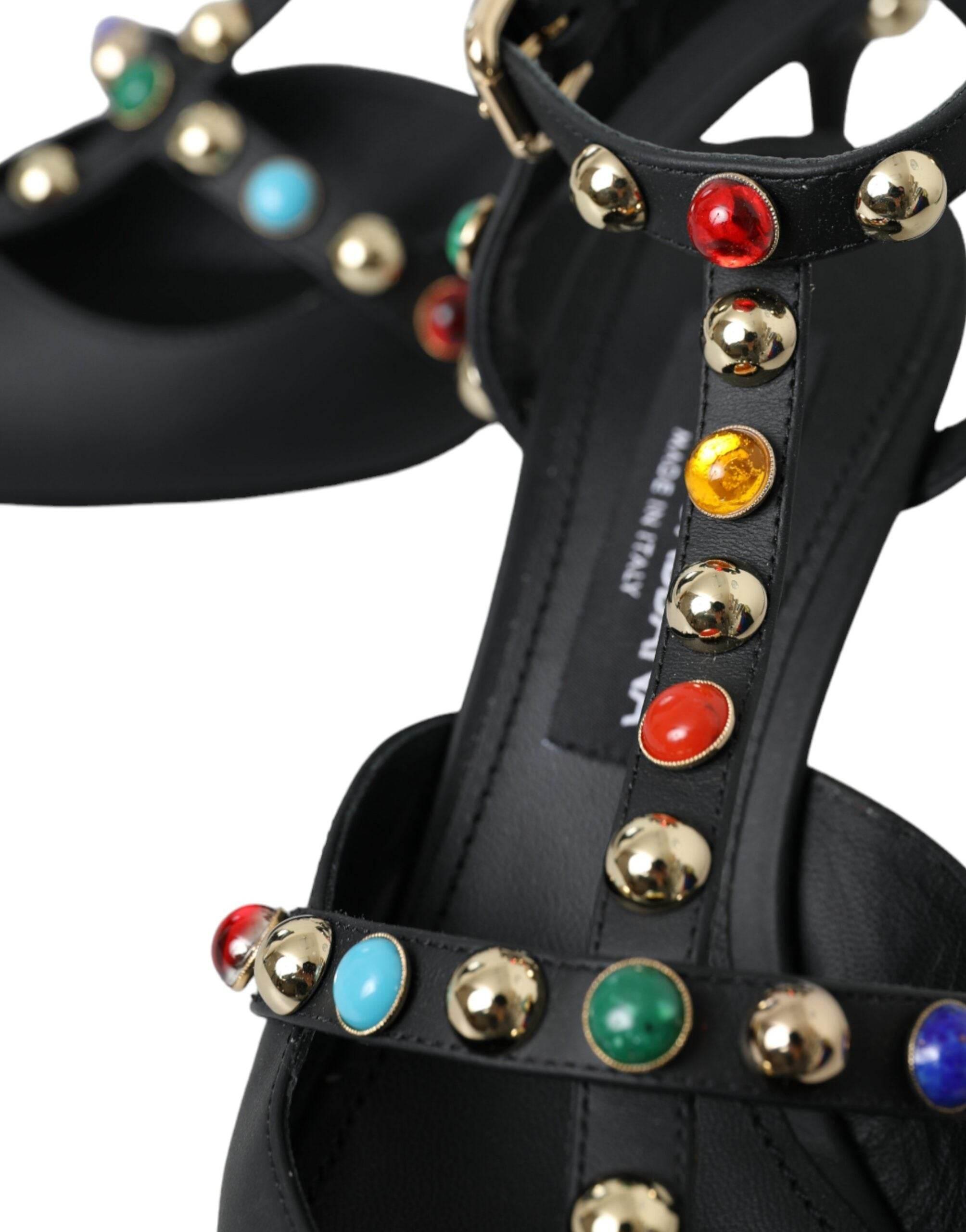 Dolce & Gabbana Black Leather Embellished Heels Sandal Shoes - Hilstor