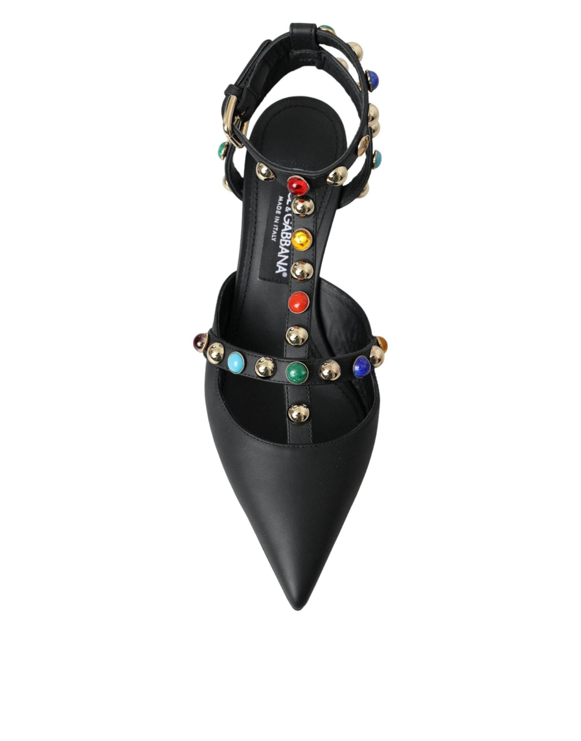 Dolce & Gabbana Black Leather Embellished Heels Sandal Shoes - Hilstor