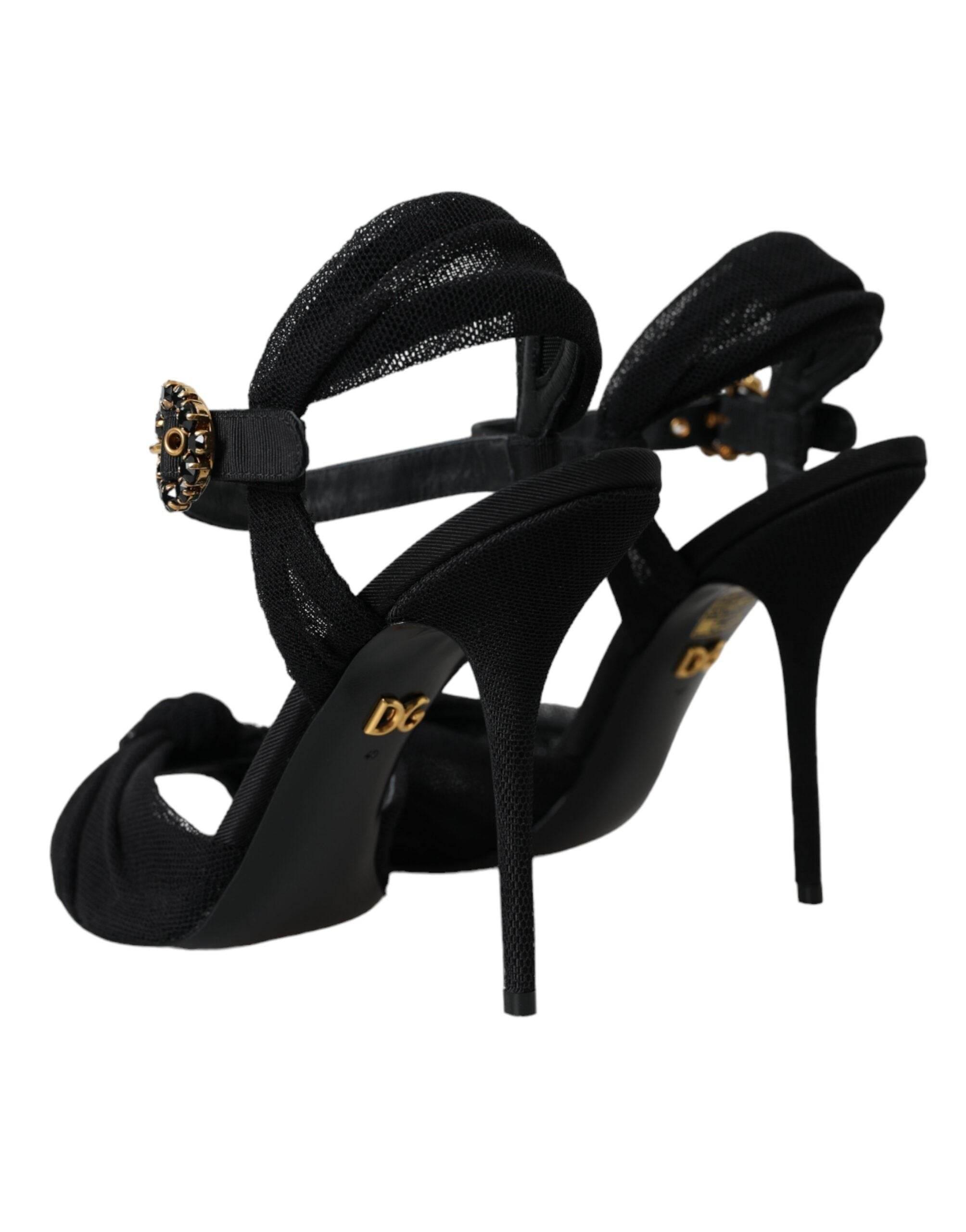 Dolce & Gabbana Black Suede Crystals Keira Sandals Shoes - Hilstor