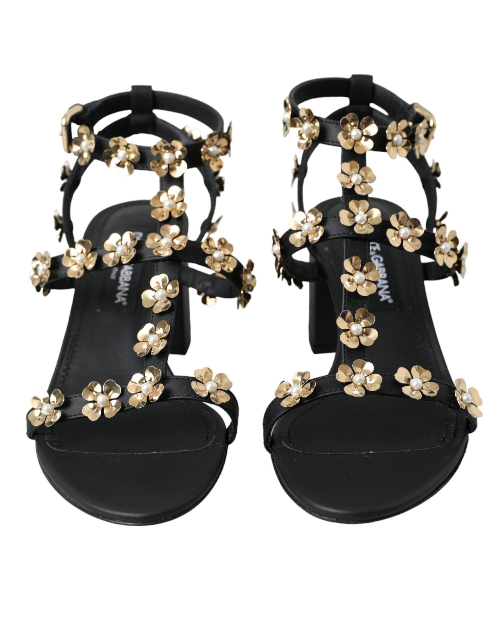 Dolce & Gabbana Black Leather Embellished Heel Sandal Shoes - Hilstor