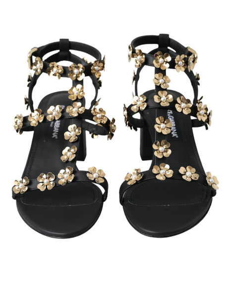 Dolce & Gabbana Black Leather Embellished Heel Sandal Shoes - Hilstor