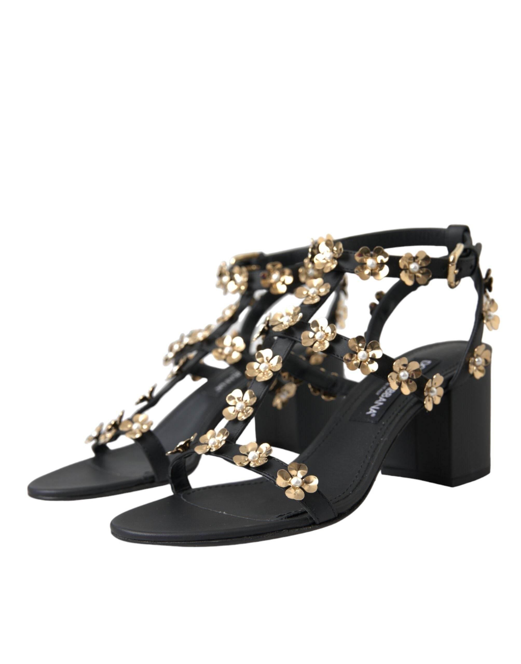 Dolce & Gabbana Black Leather Embellished Heel Sandal Shoes - Hilstor