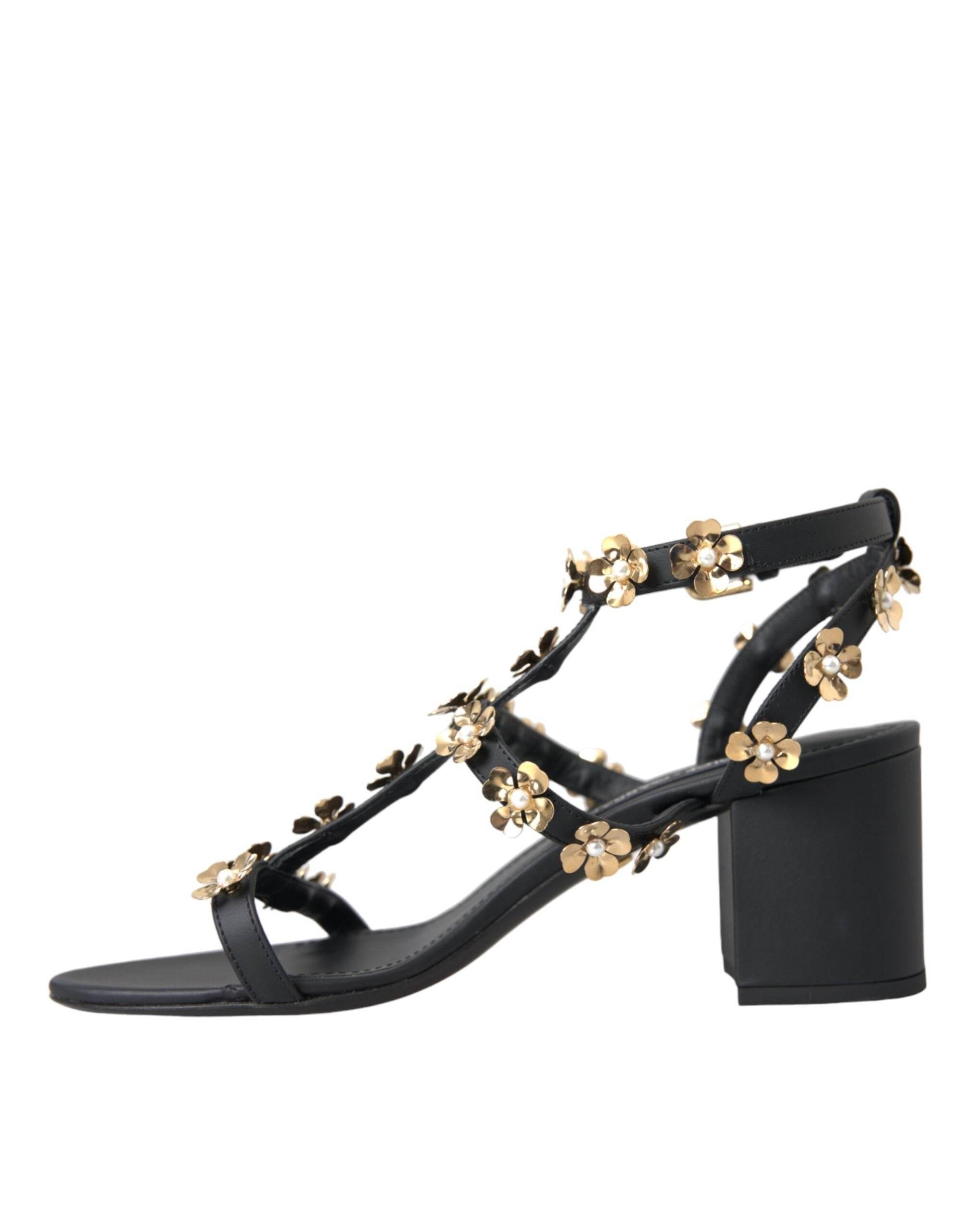 Dolce & Gabbana Black Leather Embellished Heel Sandal Shoes - Hilstor