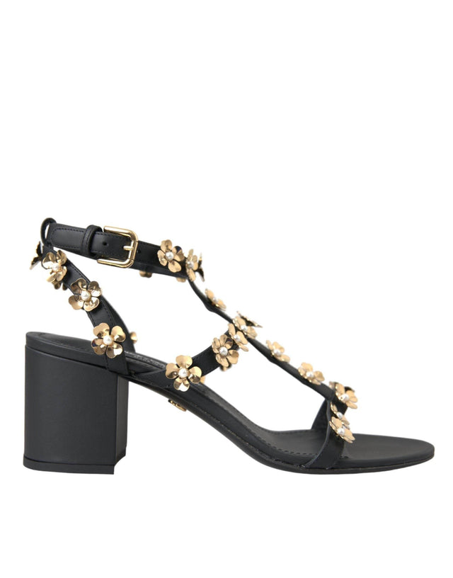 Dolce & Gabbana Black Leather Embellished Heel Sandal Shoes - Hilstor