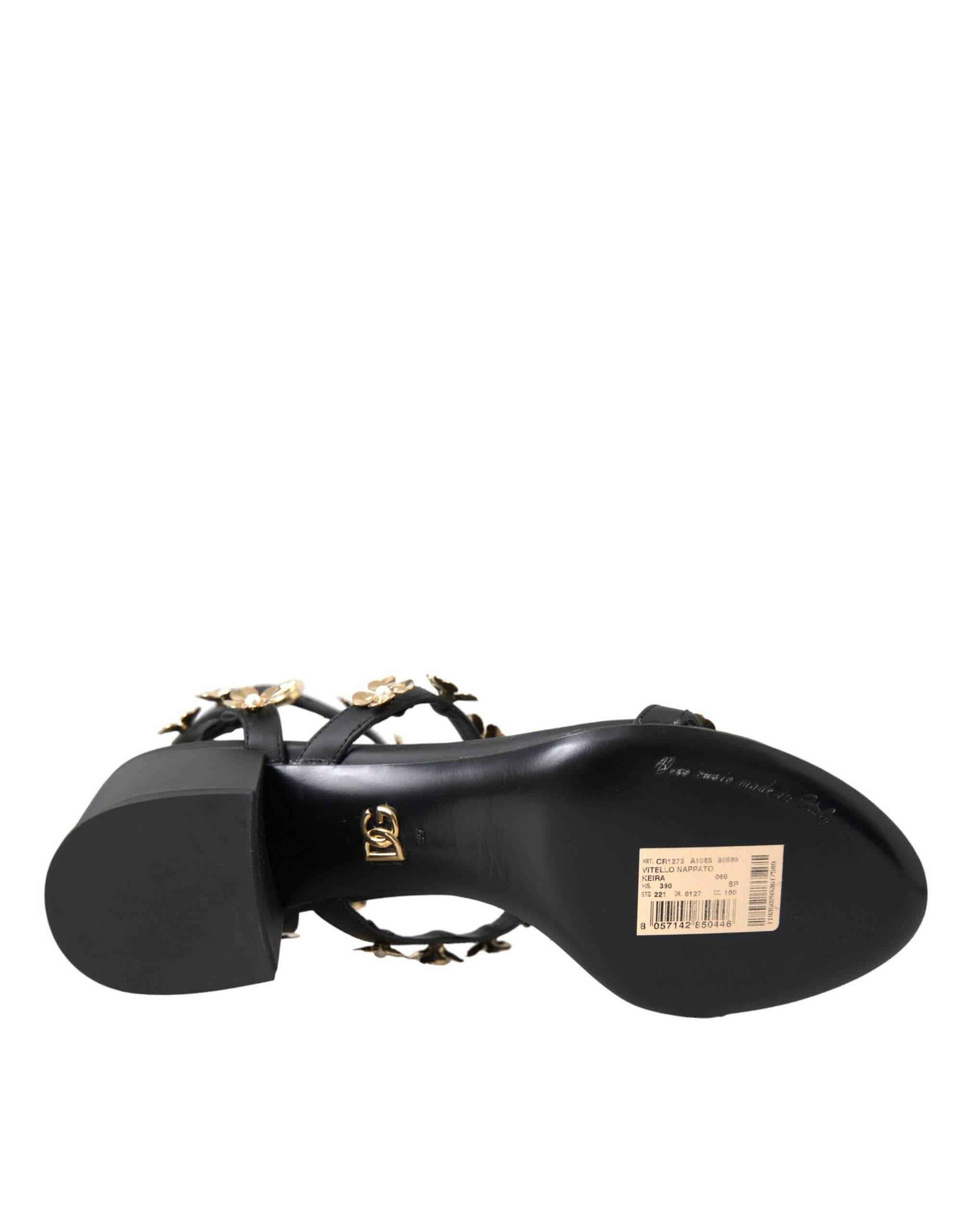 Dolce & Gabbana Black Leather Embellished Heel Sandal Shoes - Hilstor