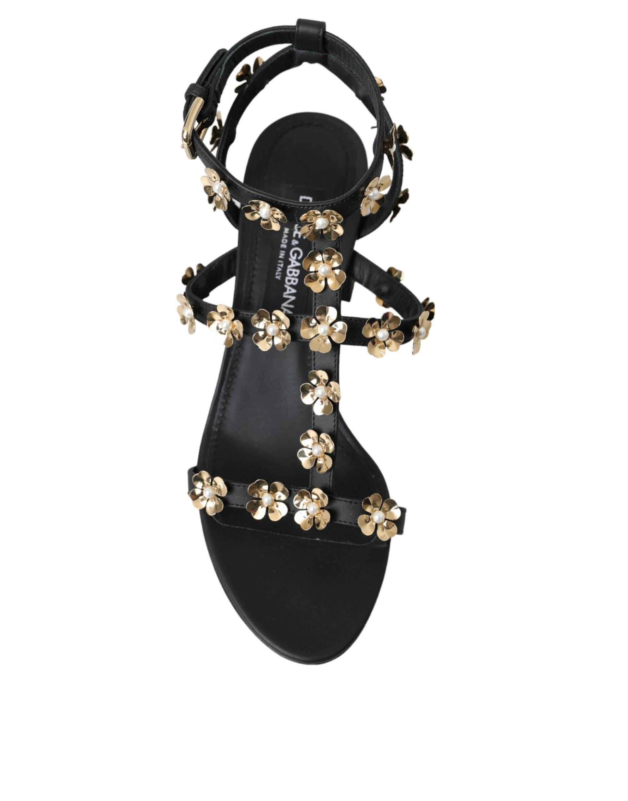Dolce & Gabbana Black Leather Embellished Heel Sandal Shoes - Hilstor