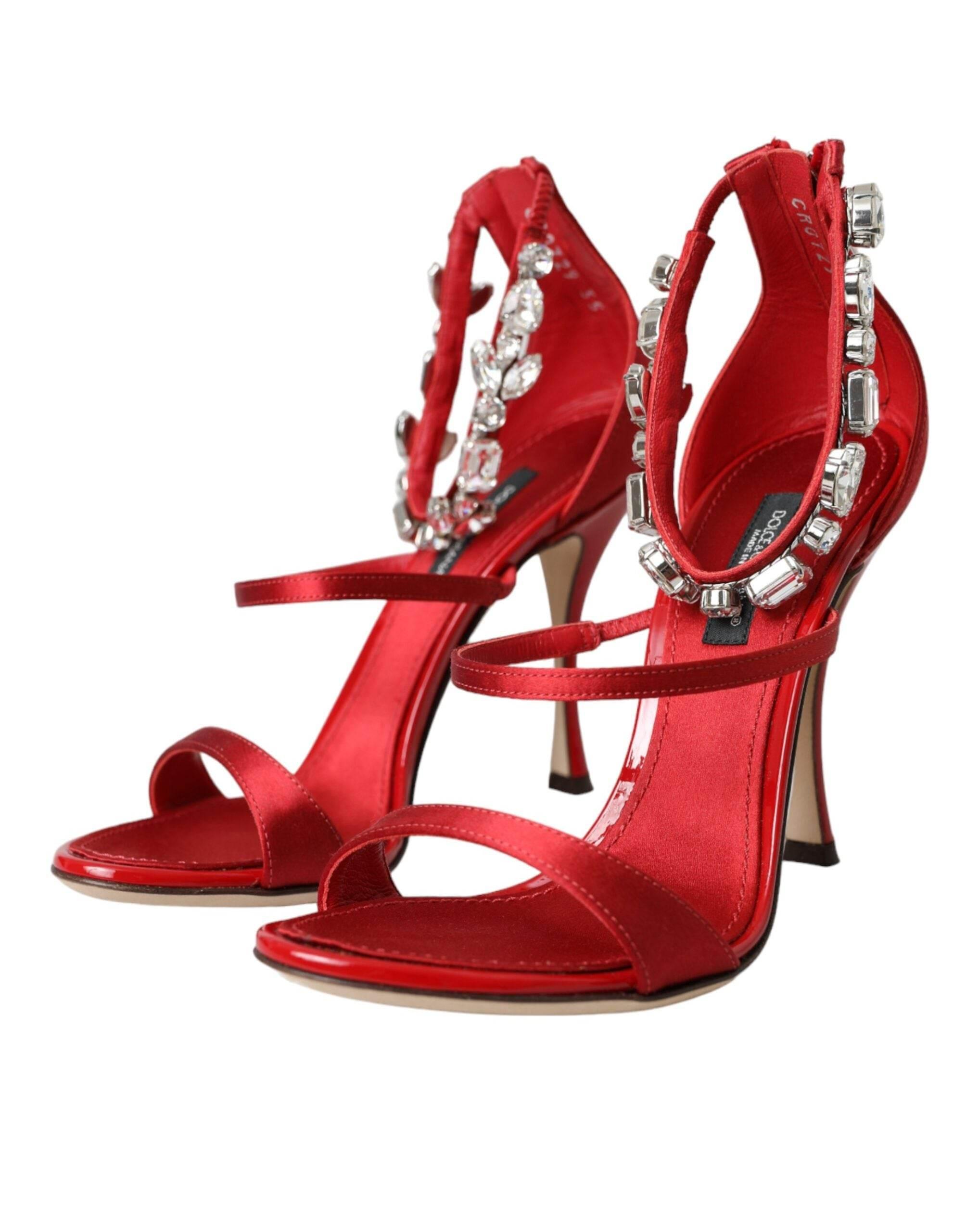 Dolce & Gabbana Red Keira Satin Crystals Sandals Heels Shoes - Hilstor