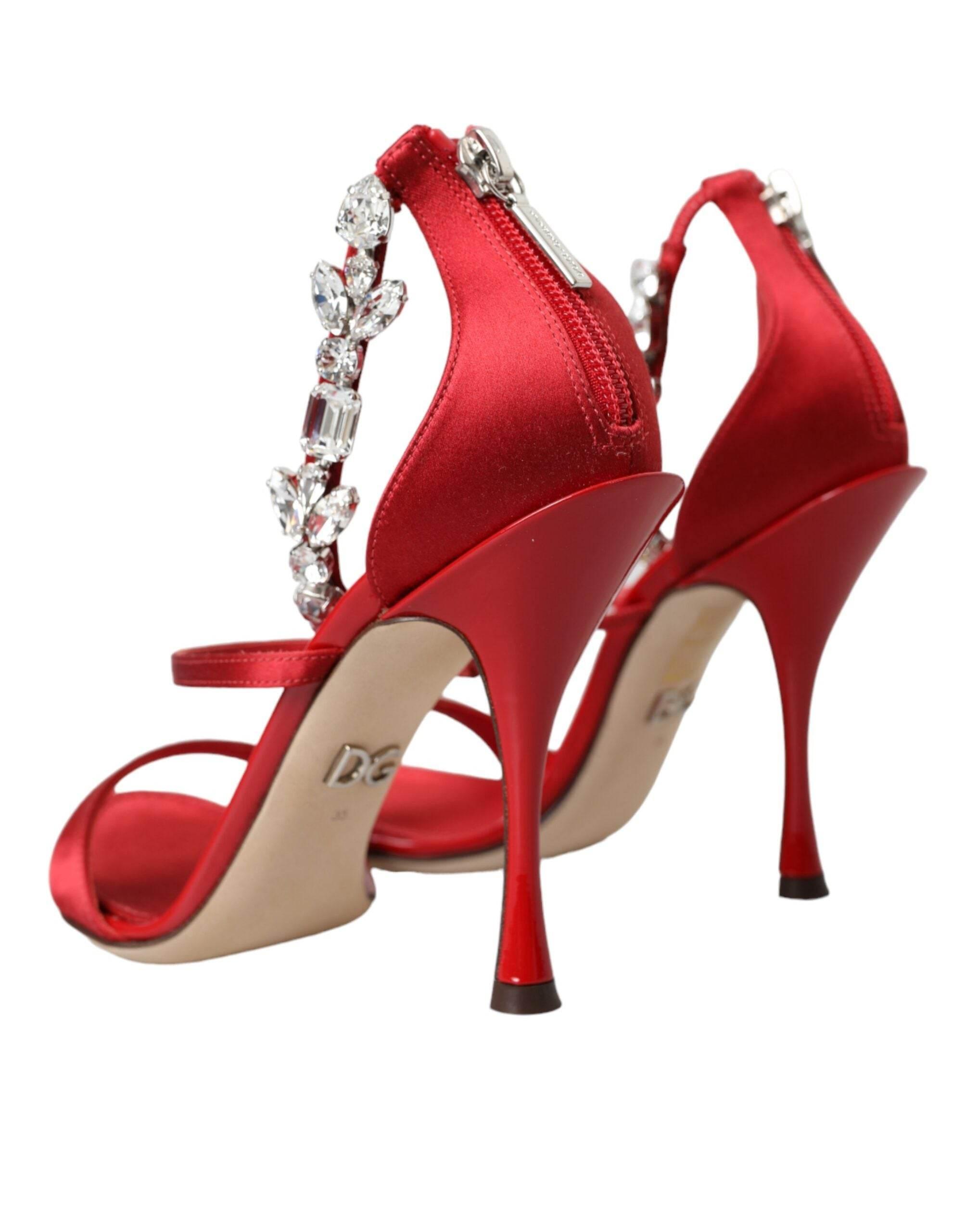 Dolce & Gabbana Red Keira Satin Crystals Sandals Heels Shoes - Hilstor