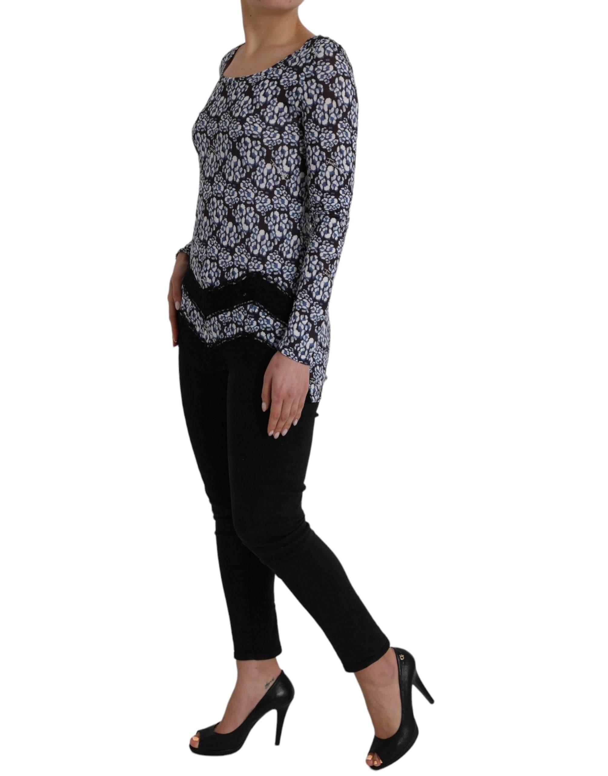 Just Cavalli Blue Floral Lace Long Sleeves Top Underwear Blouse - Hilstor