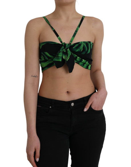 Dolce & Gabbana Black Green Leaf Silk Halter Cropped Top - Hilstor