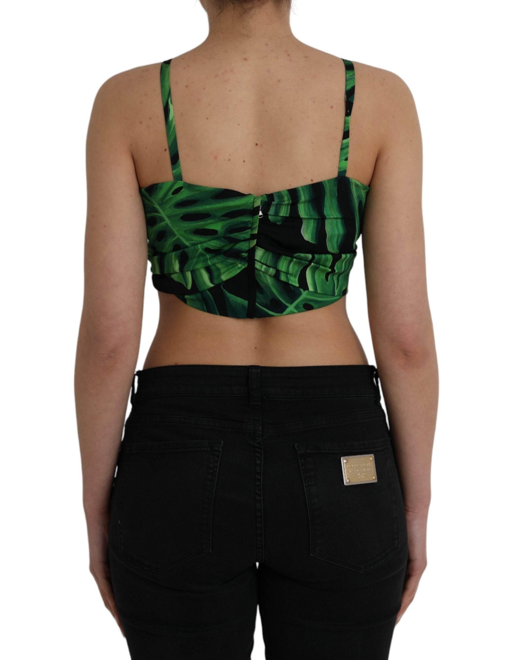 Dolce & Gabbana Black Green Leaf Silk Halter Cropped Top - Hilstor