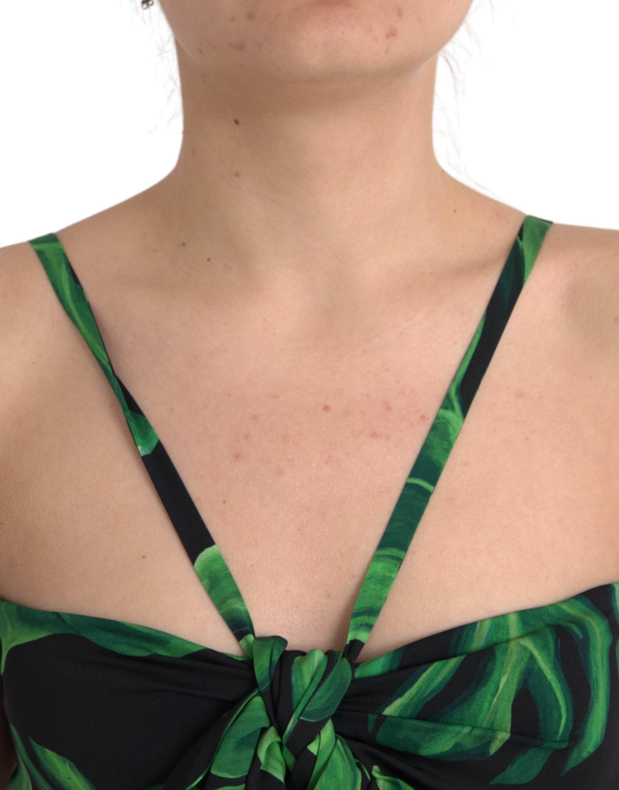 Dolce & Gabbana Black Green Leaf Silk Halter Cropped Top - Hilstor