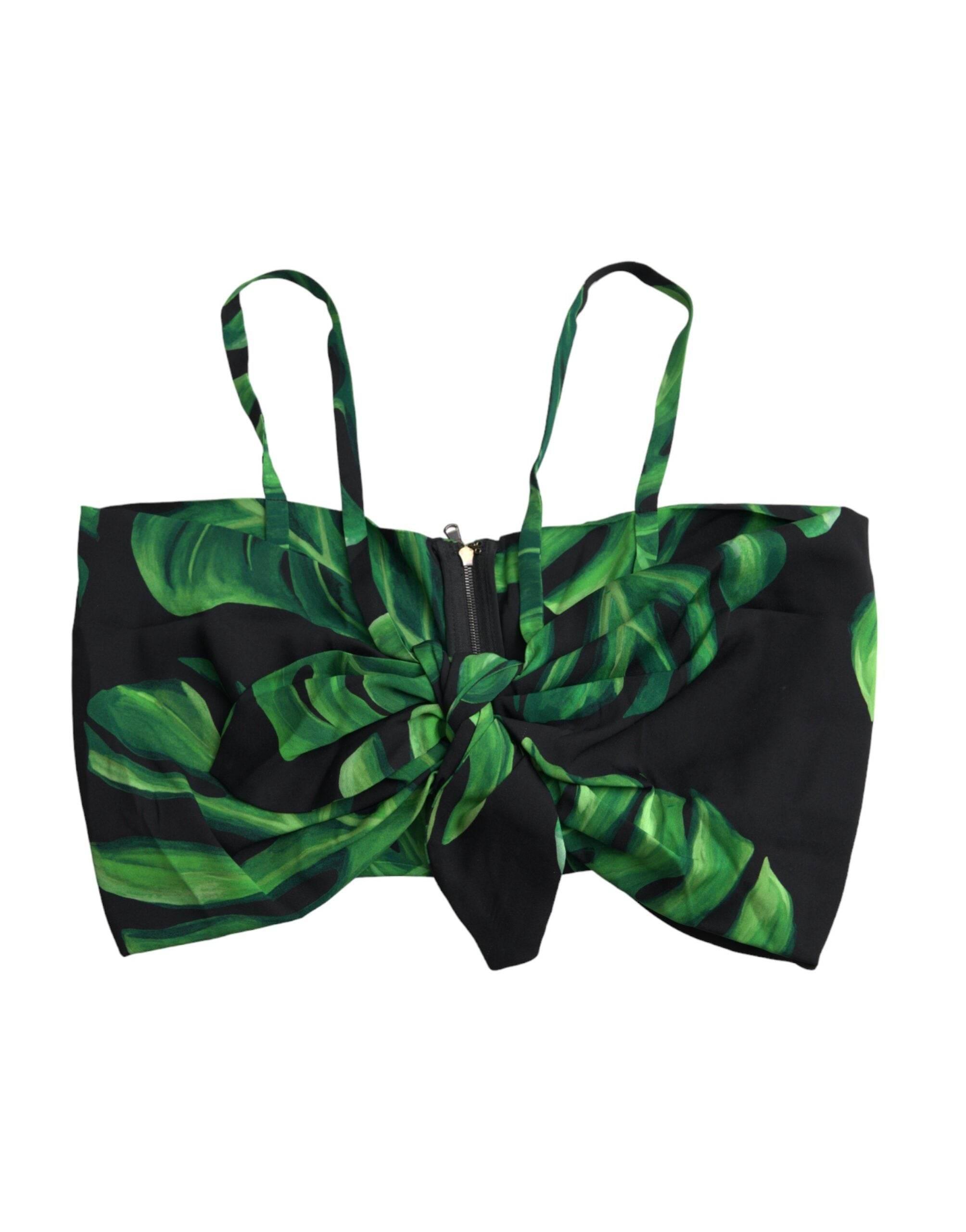 Dolce & Gabbana Black Green Leaf Silk Halter Cropped Top - Hilstor