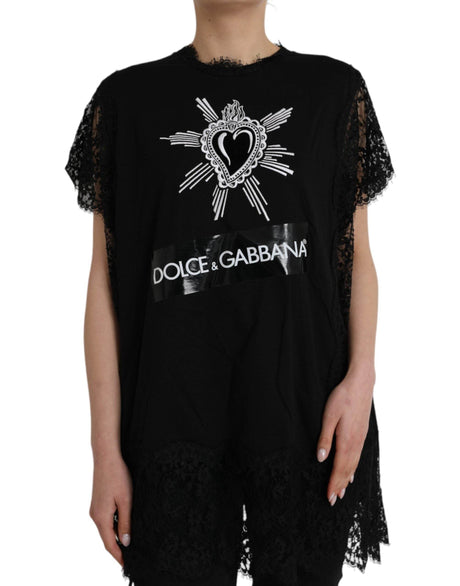 Dolce & Gabbana Black Sacred Heart Print Cotton Lace T-shirt - Hilstor