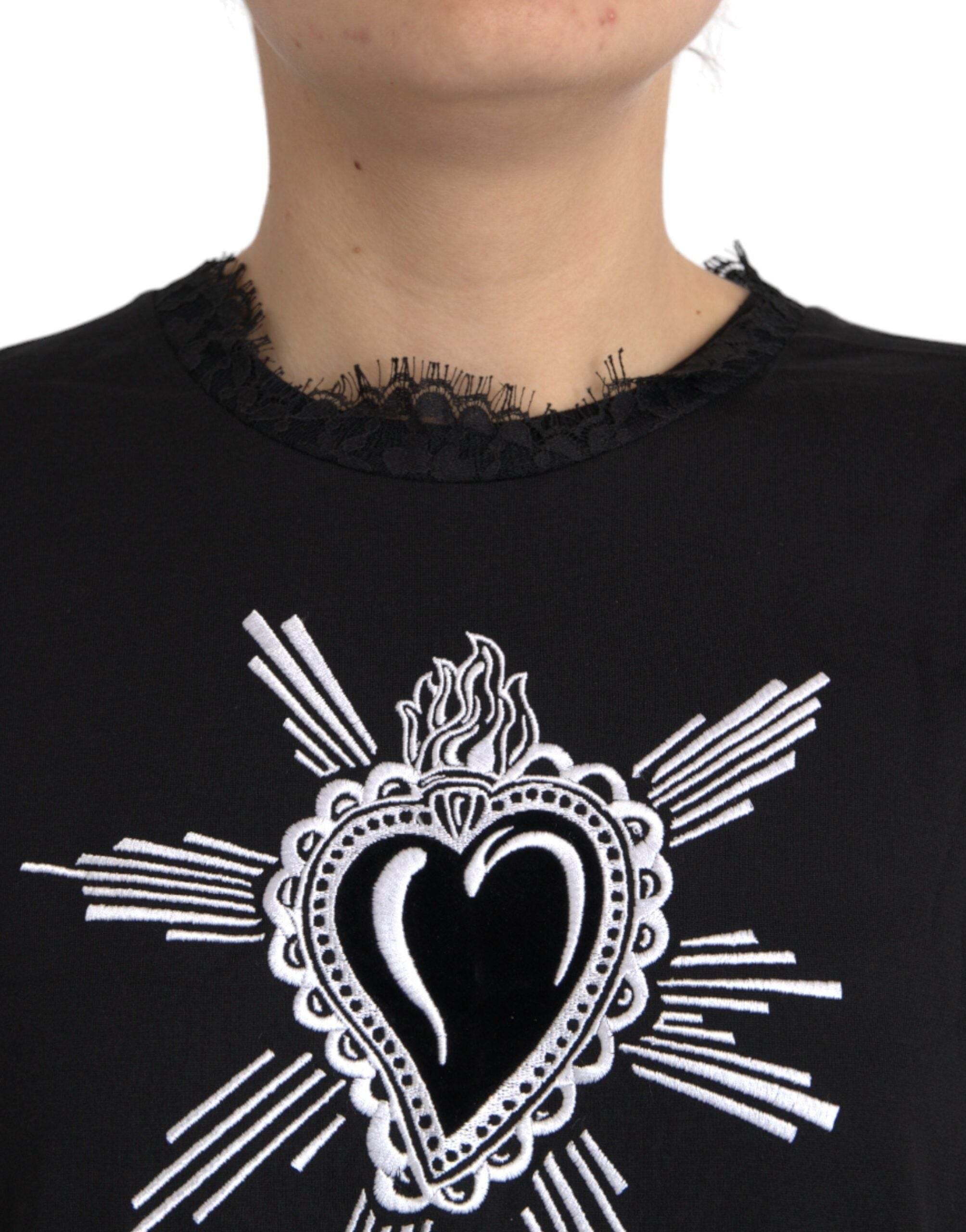 Dolce & Gabbana Black Sacred Heart Print Cotton Lace T-shirt - Hilstor