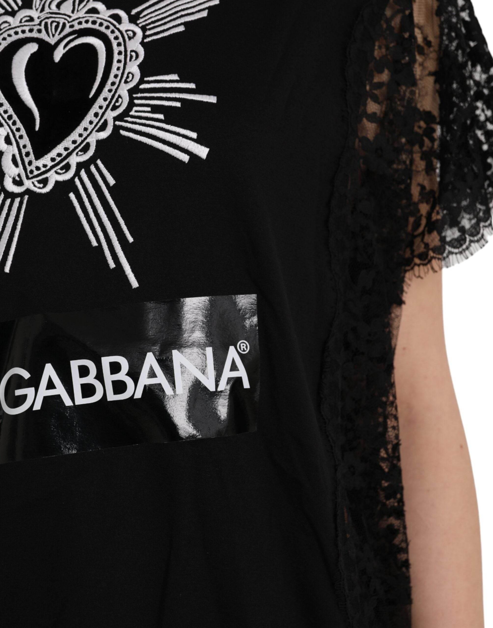 Dolce & Gabbana Black Sacred Heart Print Cotton Lace T-shirt - Hilstor