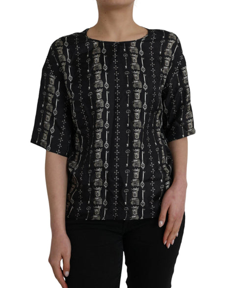 Dolce & Gabbana Black Key Castle Print Silk Blouse T-shirt - Hilstor
