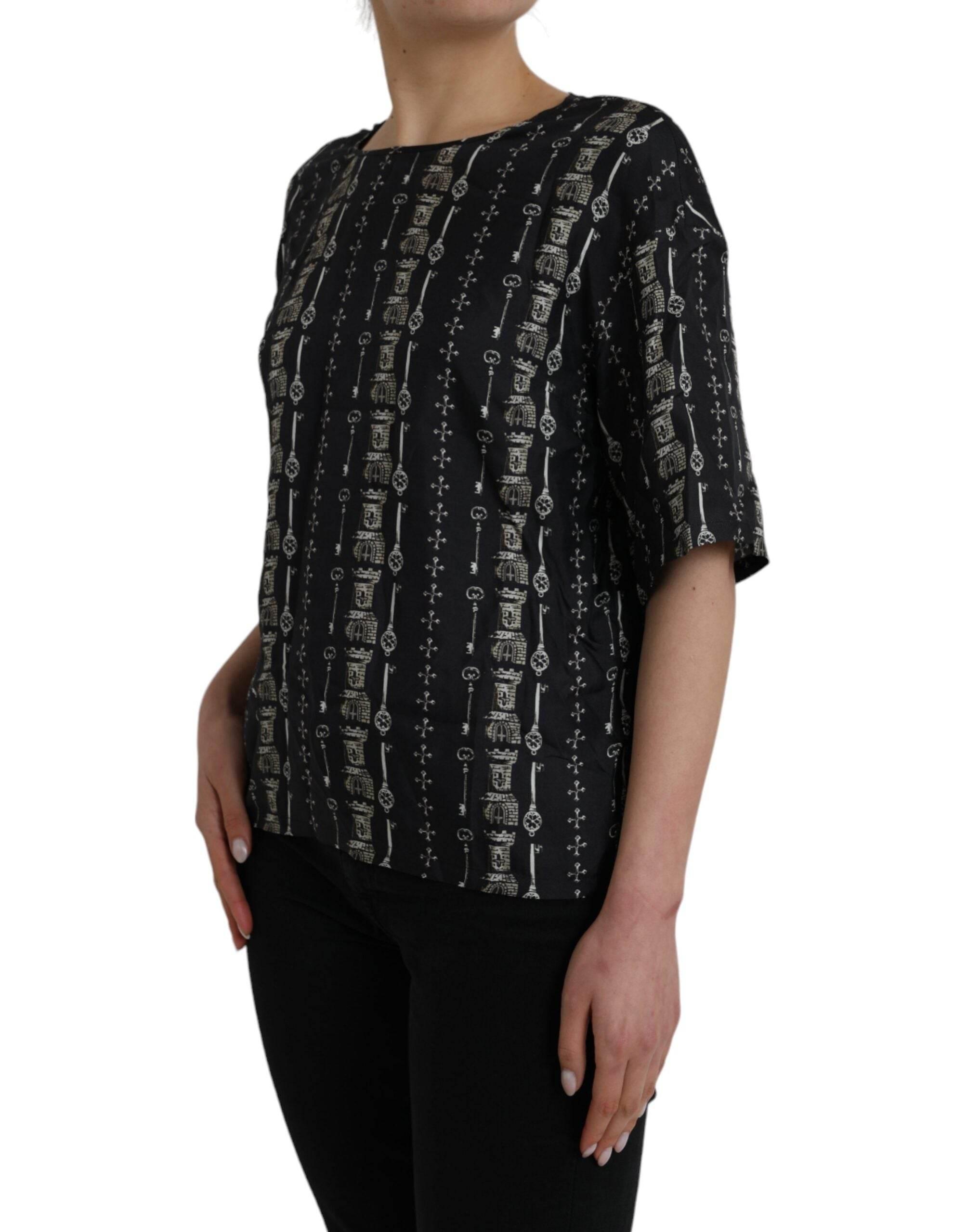 Dolce & Gabbana Black Key Castle Print Silk Blouse T-shirt - Hilstor