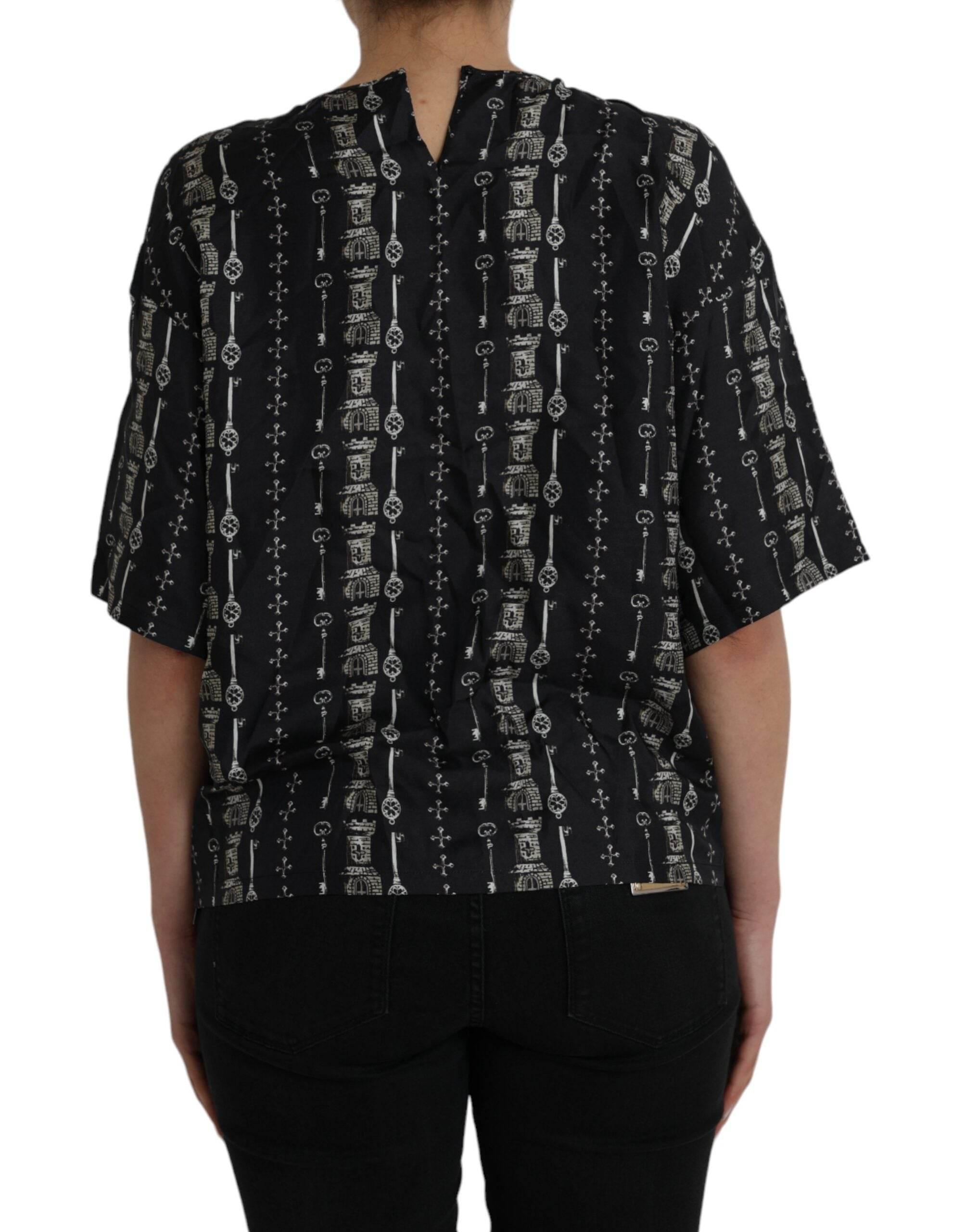 Dolce & Gabbana Black Key Castle Print Silk Blouse T-shirt - Hilstor