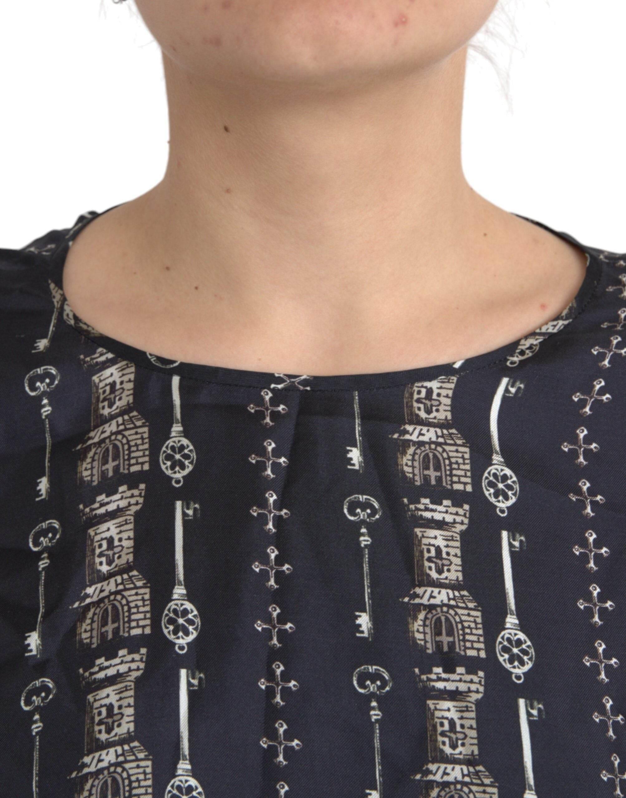 Dolce & Gabbana Black Key Castle Print Silk Blouse T-shirt - Hilstor