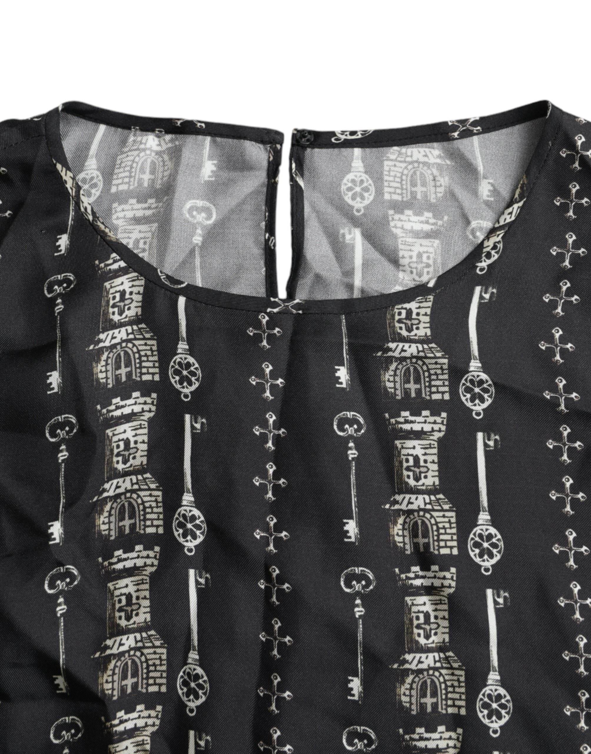 Dolce & Gabbana Black Key Castle Print Silk Blouse T-shirt - Hilstor